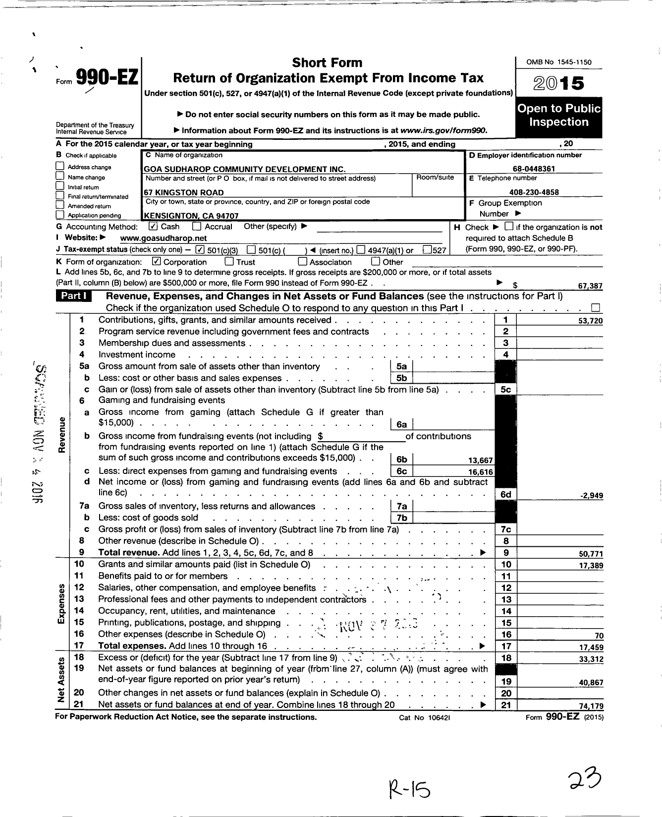 Image of first page of 2015 Form 990EZ for Goa Sudharop Community Development