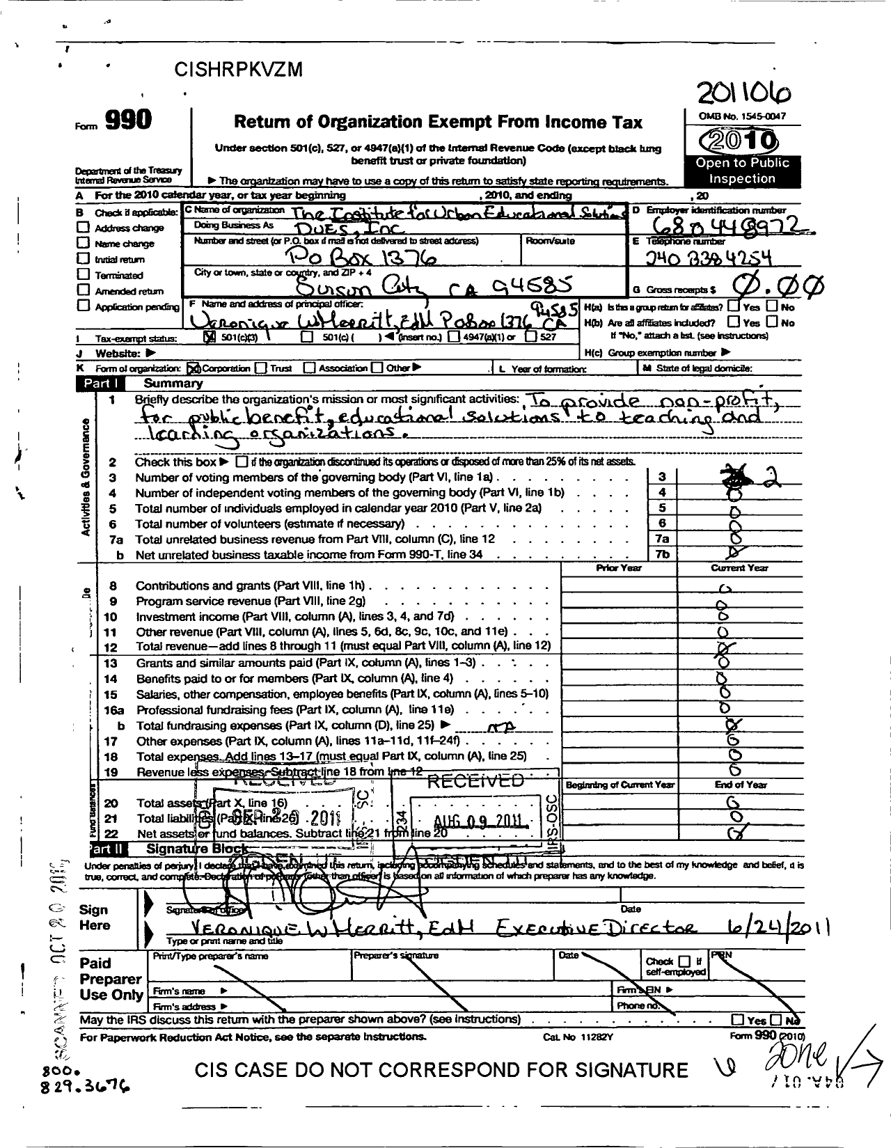 Image of first page of 2010 Form 990 for Institute for Developing Urban Educational Solutions