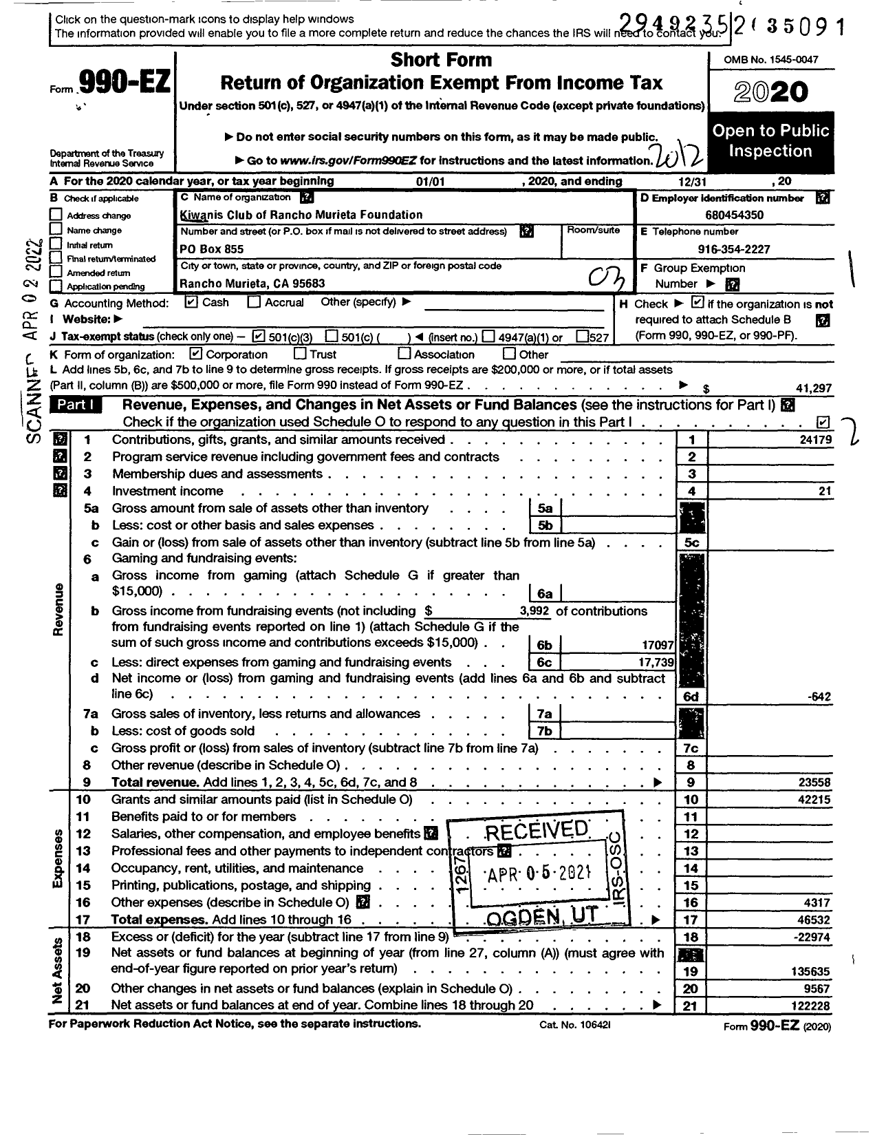 Image of first page of 2020 Form 990EZ for Kiwanis Club of Rancho Murieta Foundation