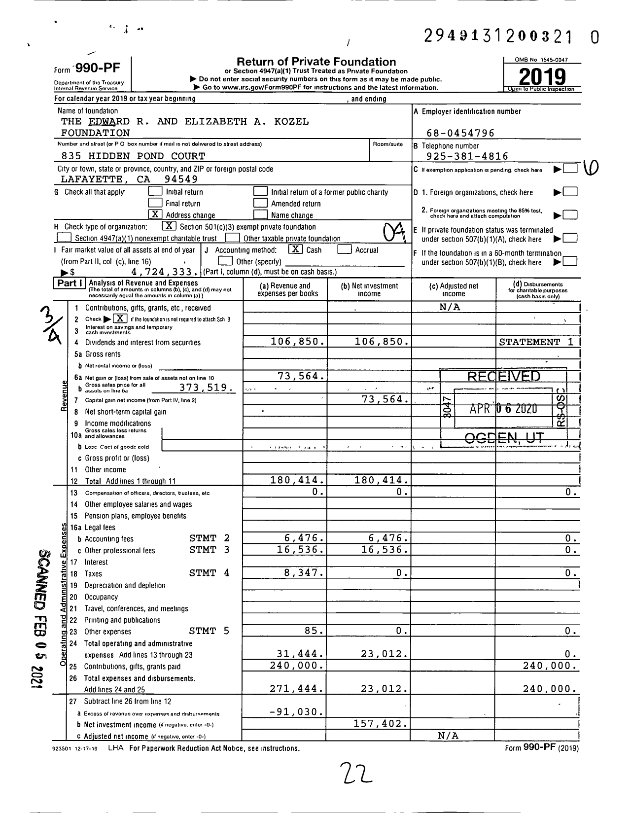 Image of first page of 2019 Form 990PF for The Edward R and Elizabeth A Kozel Foundation