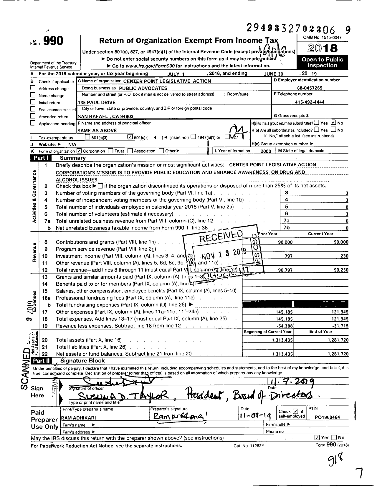 Image of first page of 2018 Form 990O for Public Advocates / Center Point Legislative Action Corporation