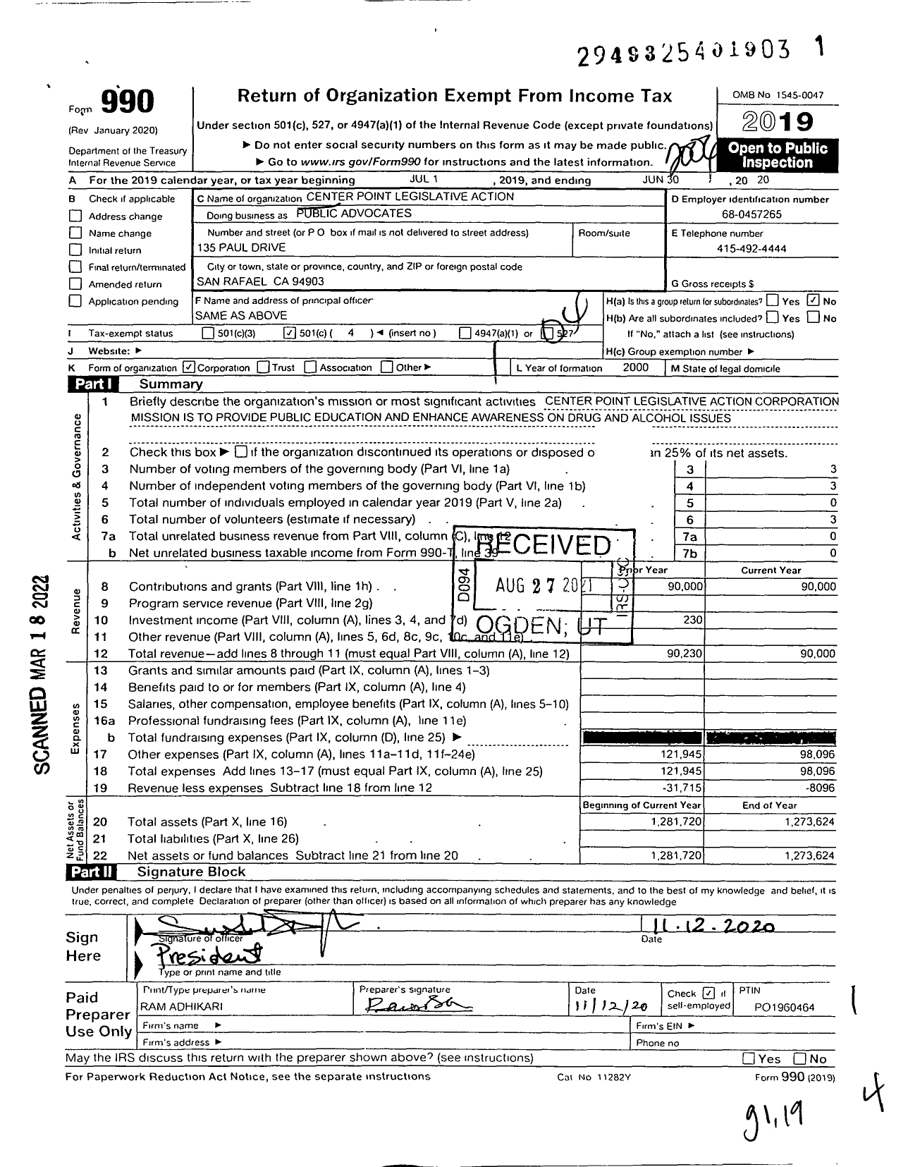 Image of first page of 2019 Form 990O for Public Advocates / Center Point Legislative Action Corporation