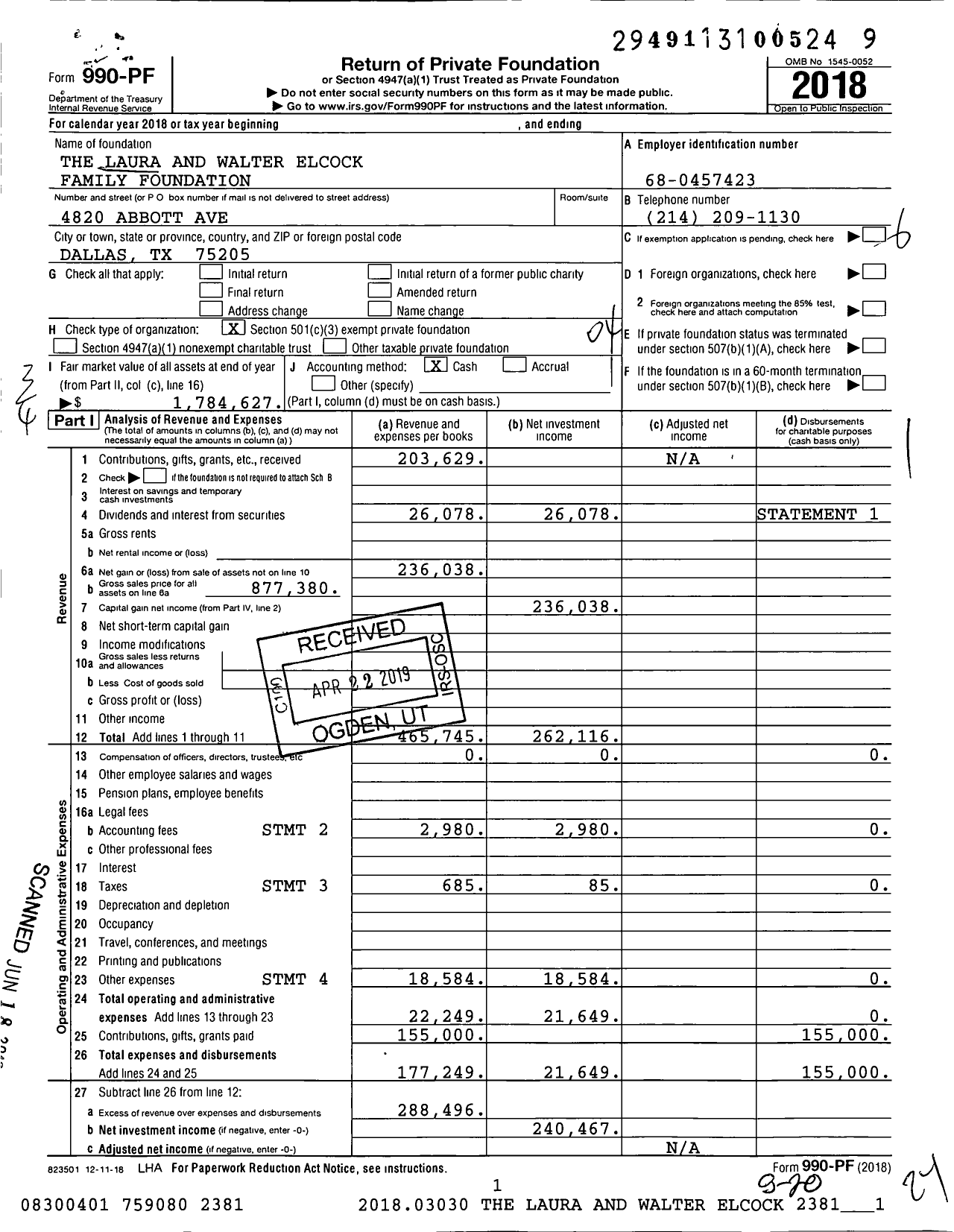 Image of first page of 2018 Form 990PF for The Laura and Walter Elcock Family Foundation