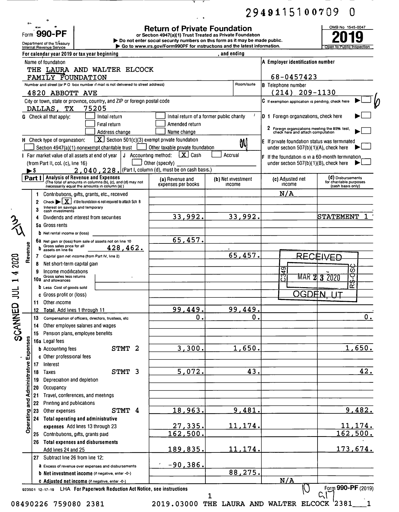 Image of first page of 2019 Form 990PR for The Laura and Walter Elcock Family Foundation