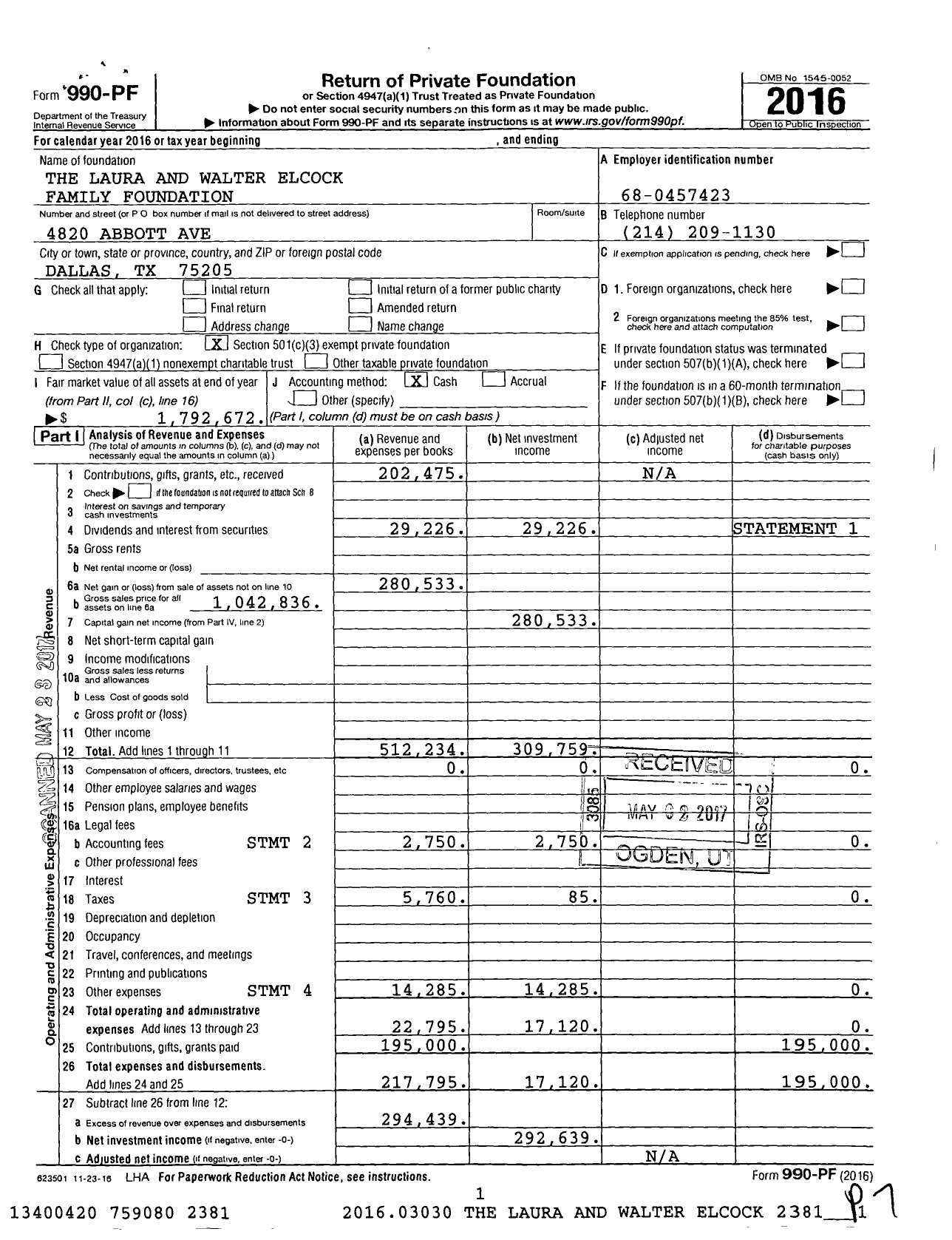 Image of first page of 2016 Form 990PF for The Laura and Walter Elcock Family Foundation