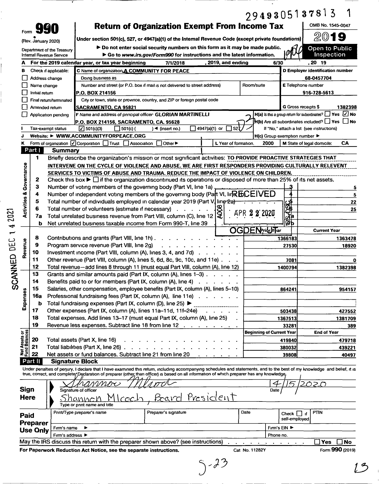 Image of first page of 2018 Form 990 for A Community for Peace