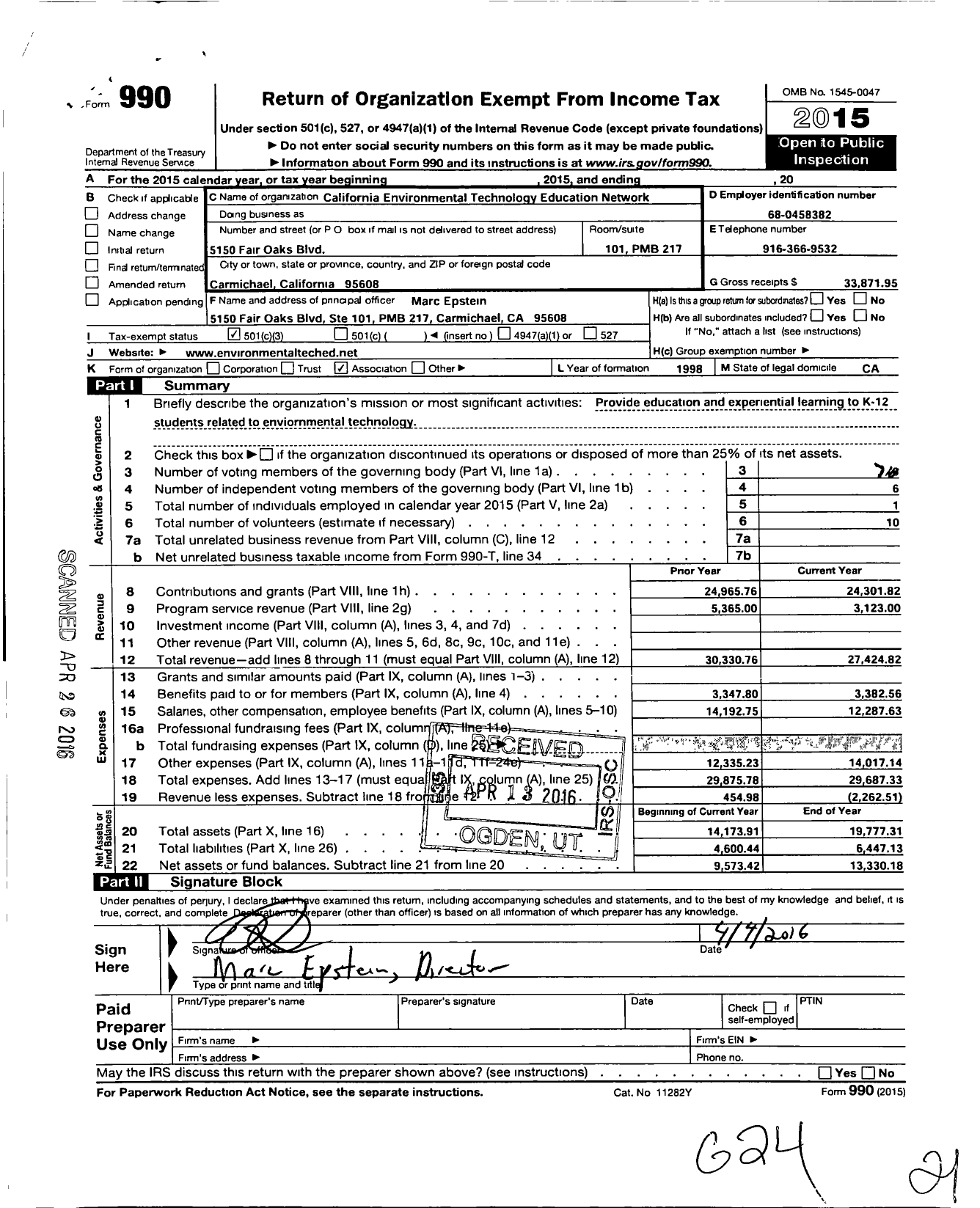 Image of first page of 2015 Form 990 for California Environmental Technology Education Network