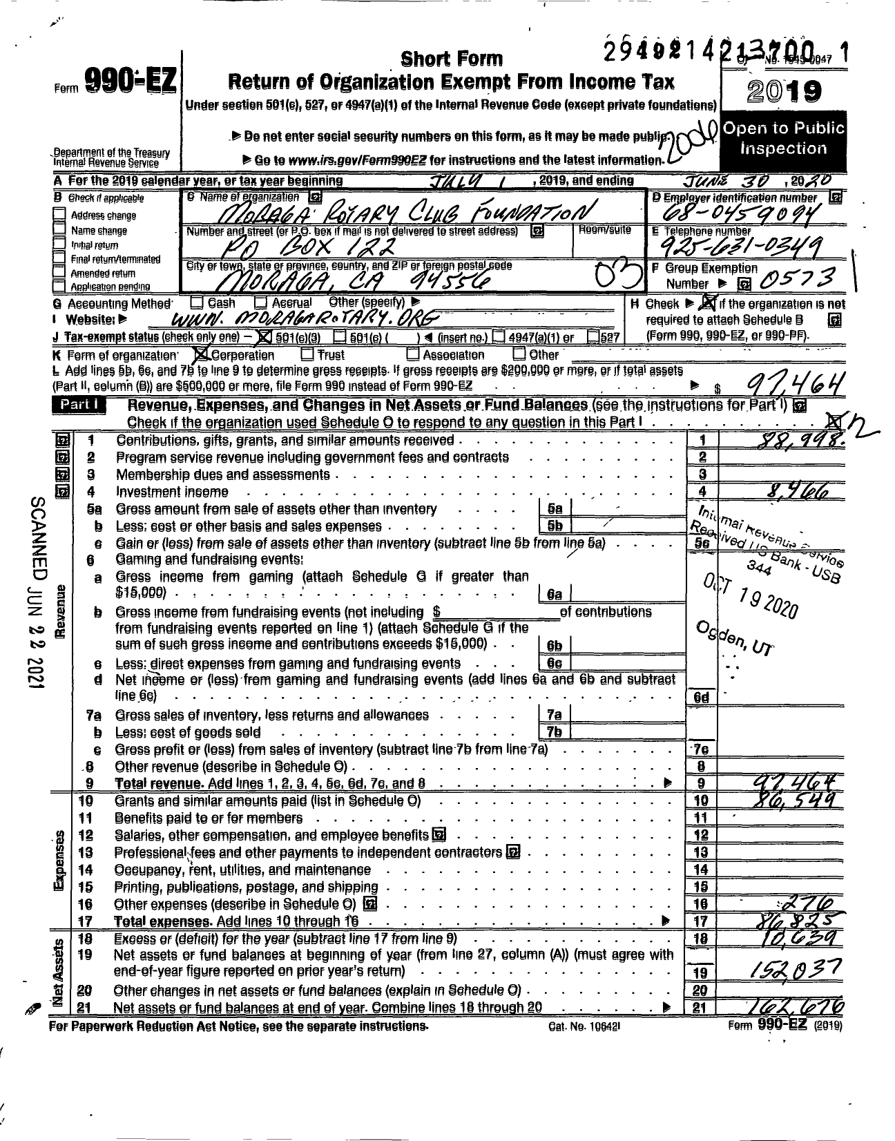 Image of first page of 2019 Form 990EZ for Moraga Rotary Club Foundation