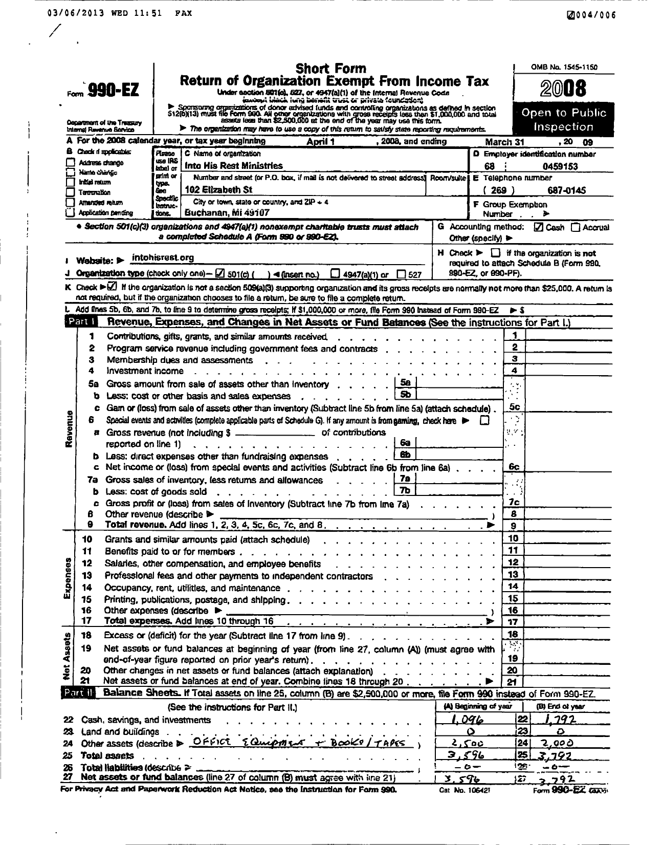 Image of first page of 2008 Form 990ER for Into His Rest Ministries