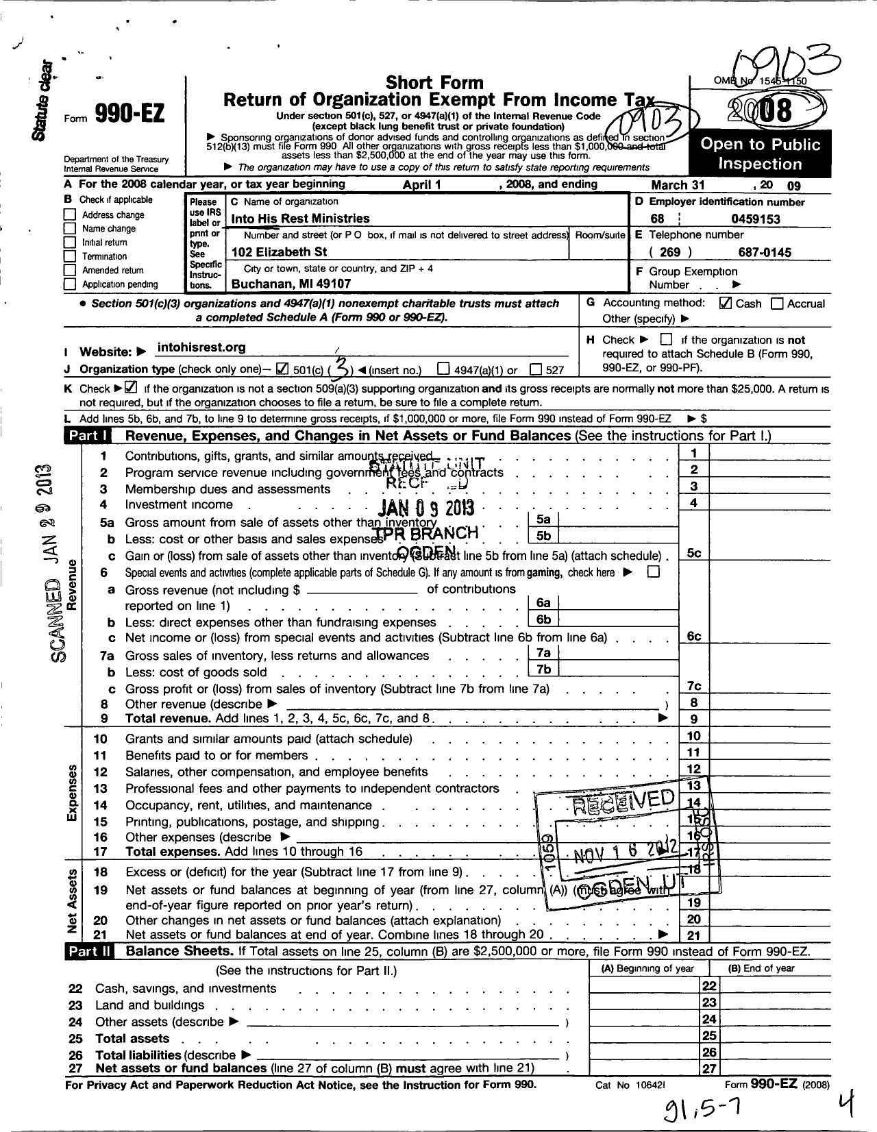 Image of first page of 2008 Form 990EZ for Into His Rest Ministries