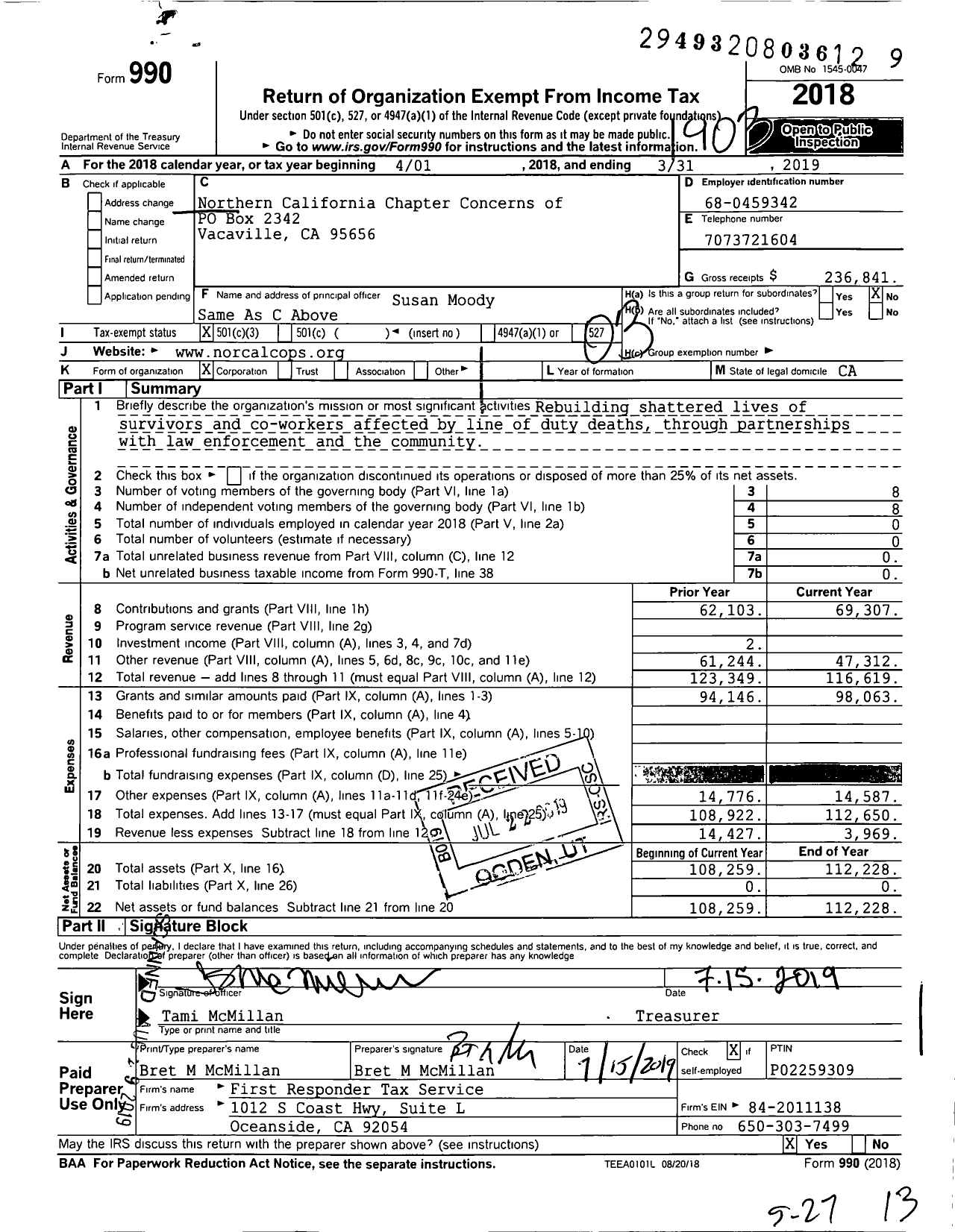 Image of first page of 2018 Form 990 for Northern California Chapter Concerns of