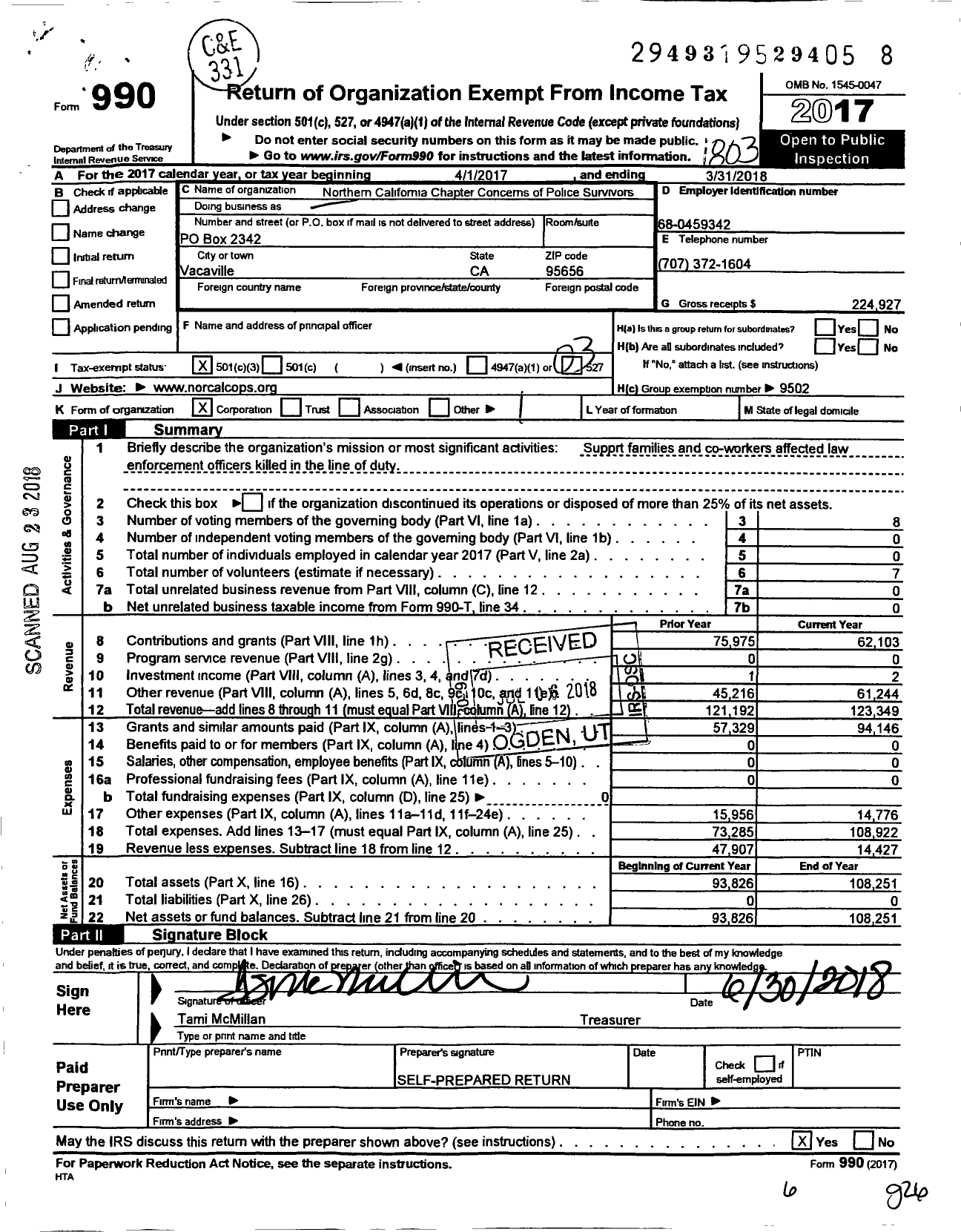 Image of first page of 2017 Form 990 for Northern California Chapter Concerns of
