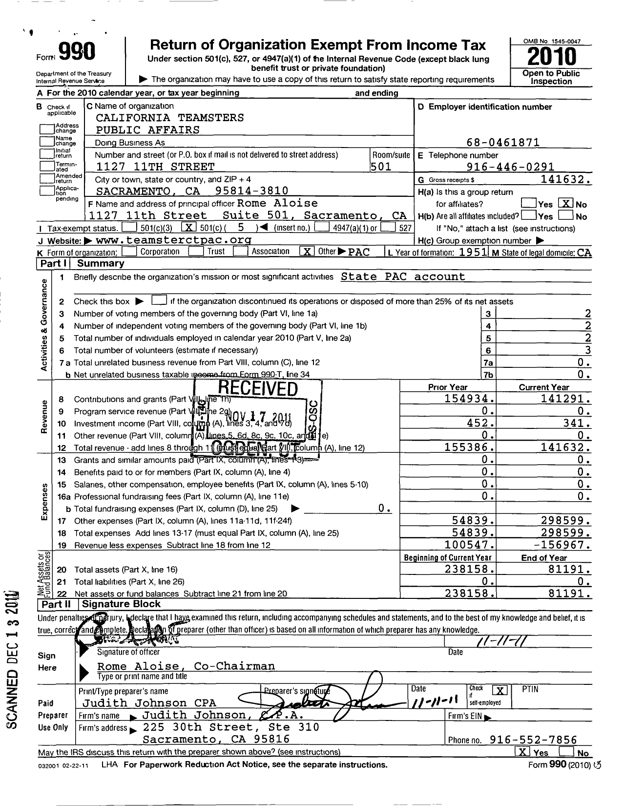 Image of first page of 2010 Form 990O for California Teamsters Public Affairs Council Public Affairs