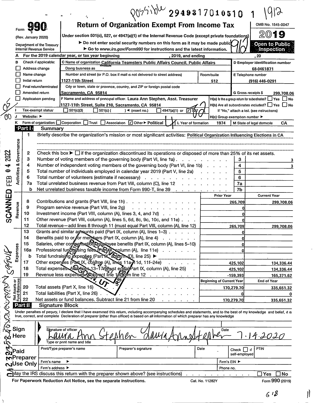 Image of first page of 2019 Form 990O for California Teamsters Public Affairs Council Public Affairs