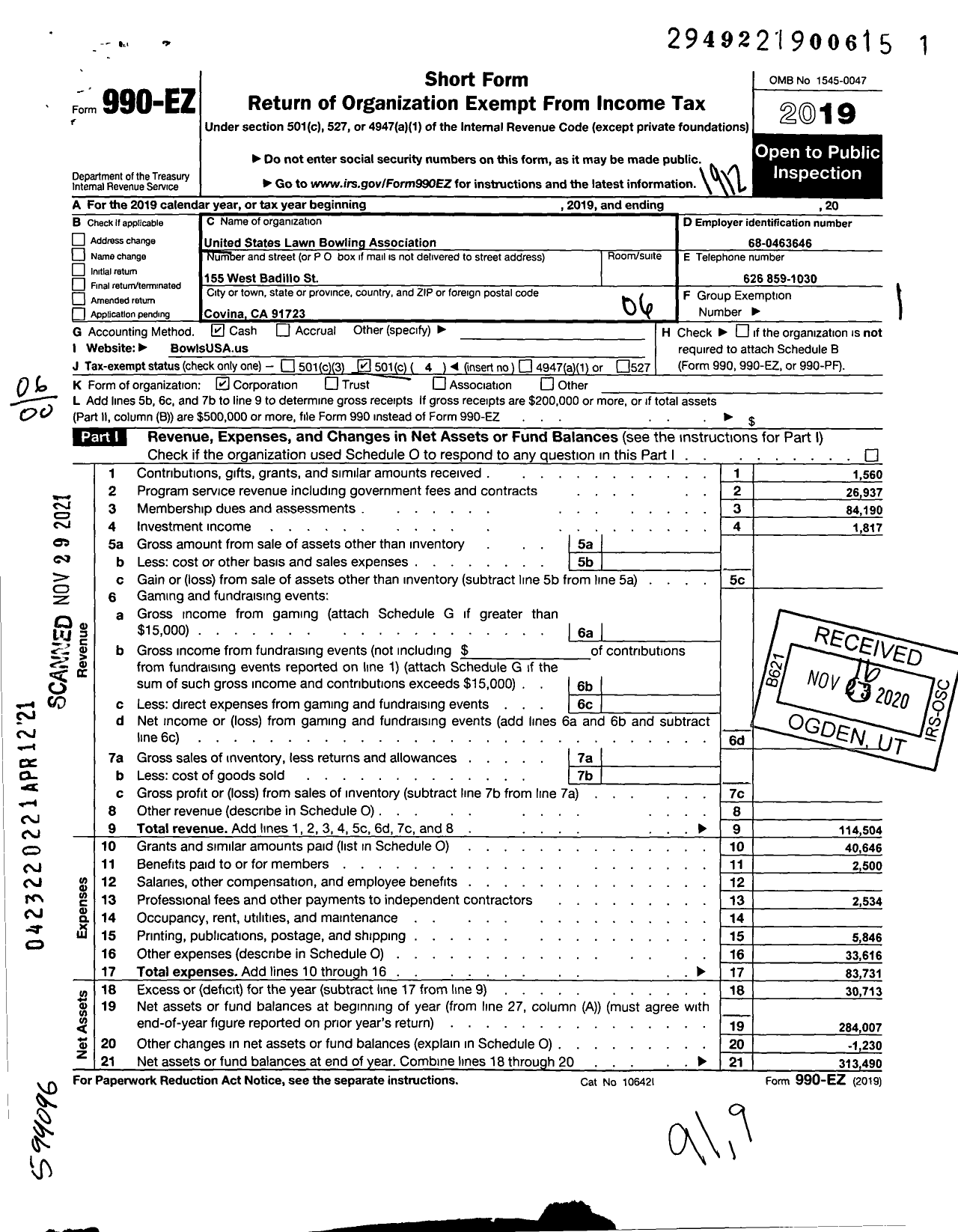 Image of first page of 2019 Form 990EO for Bowls USA