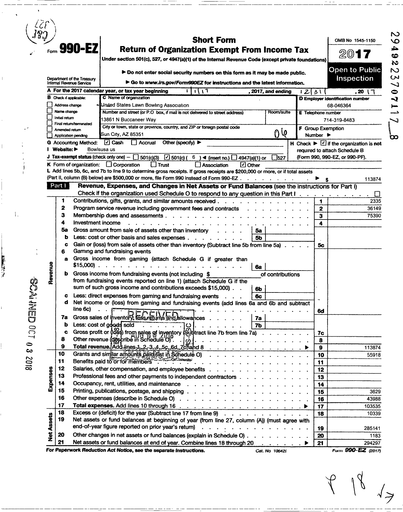 Image of first page of 2017 Form 990EO for Bowls USA