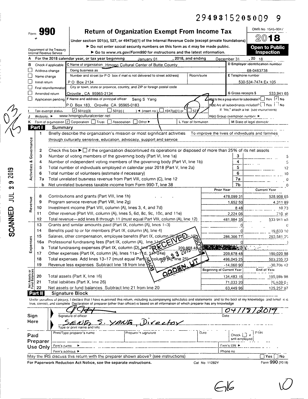 Image of first page of 2018 Form 990 for Hmong Cultural Center of Butte County