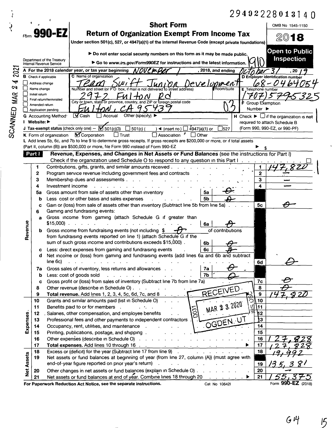 Image of first page of 2018 Form 990EZ for Team Swift Junior Development