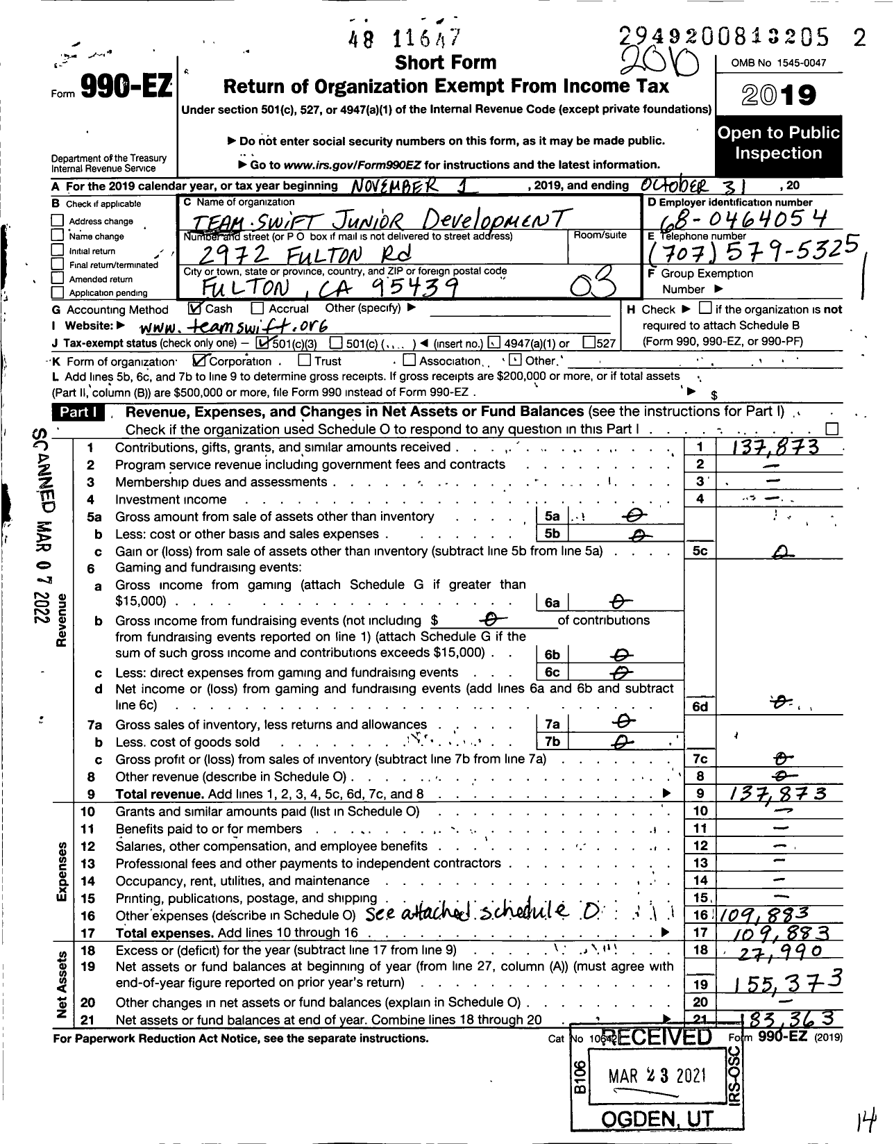 Image of first page of 2019 Form 990EZ for Team Swift Junior Development