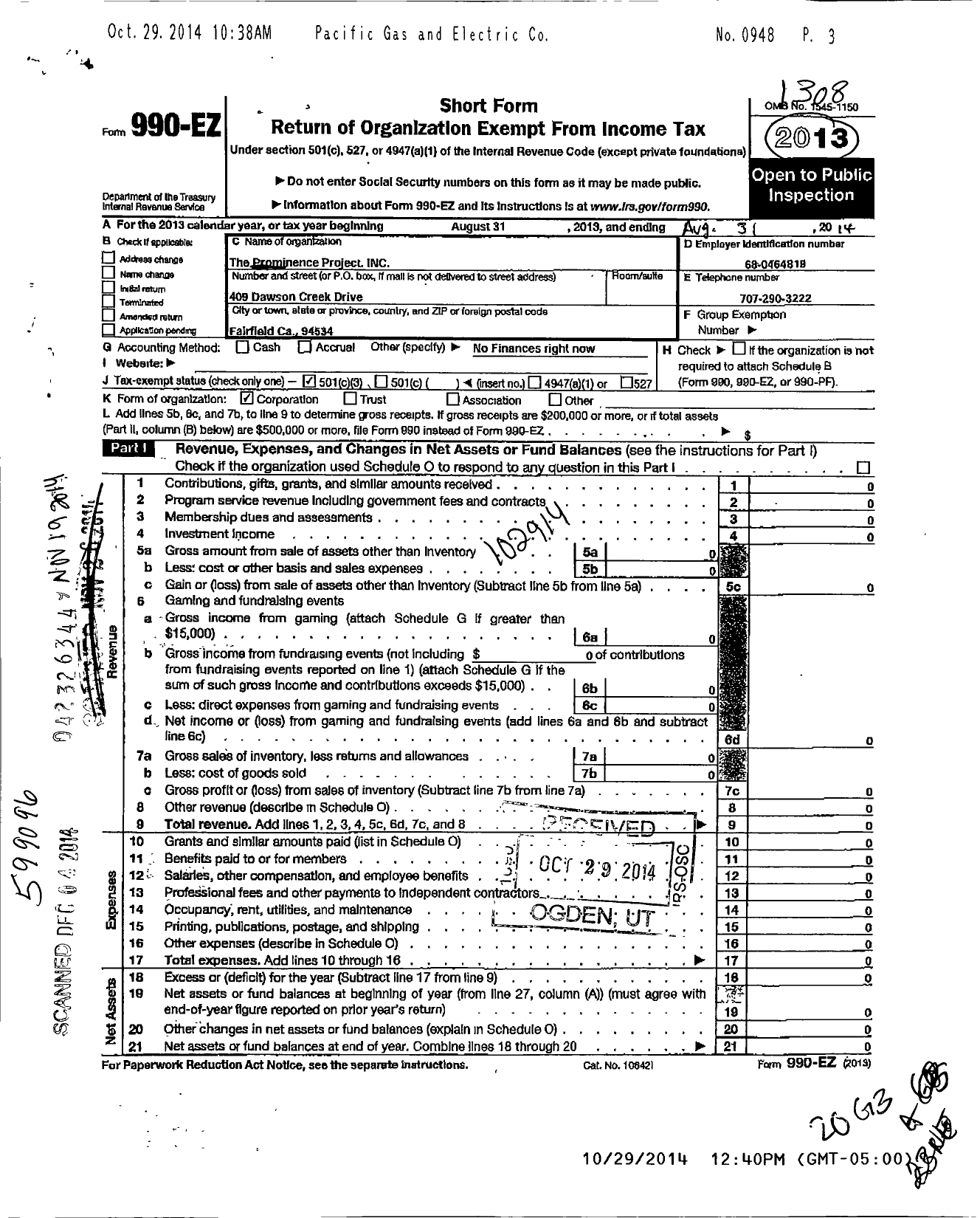 Image of first page of 2012 Form 990EZ for The Prominence Project