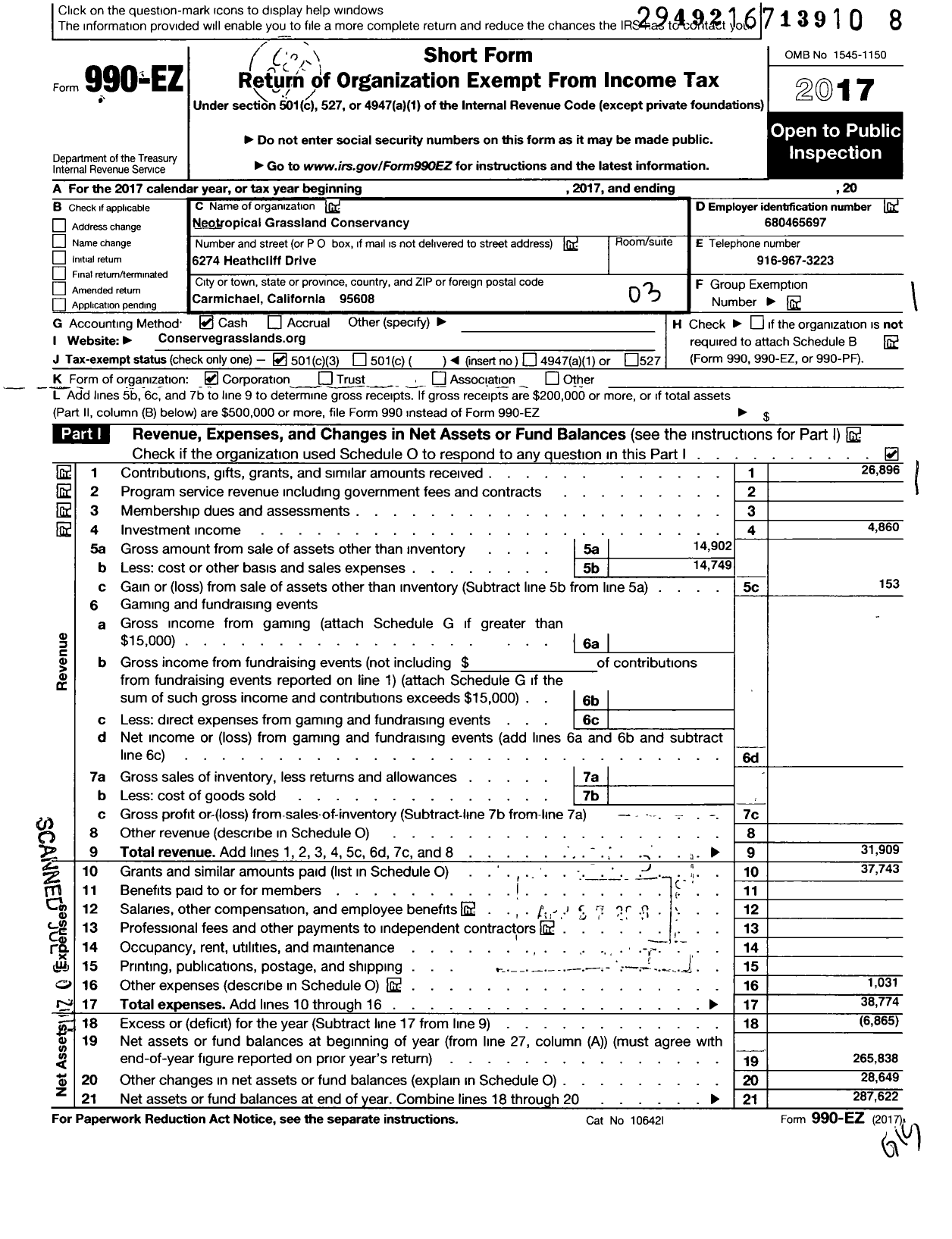 Image of first page of 2017 Form 990EZ for Neotropical Grassland Conservancy