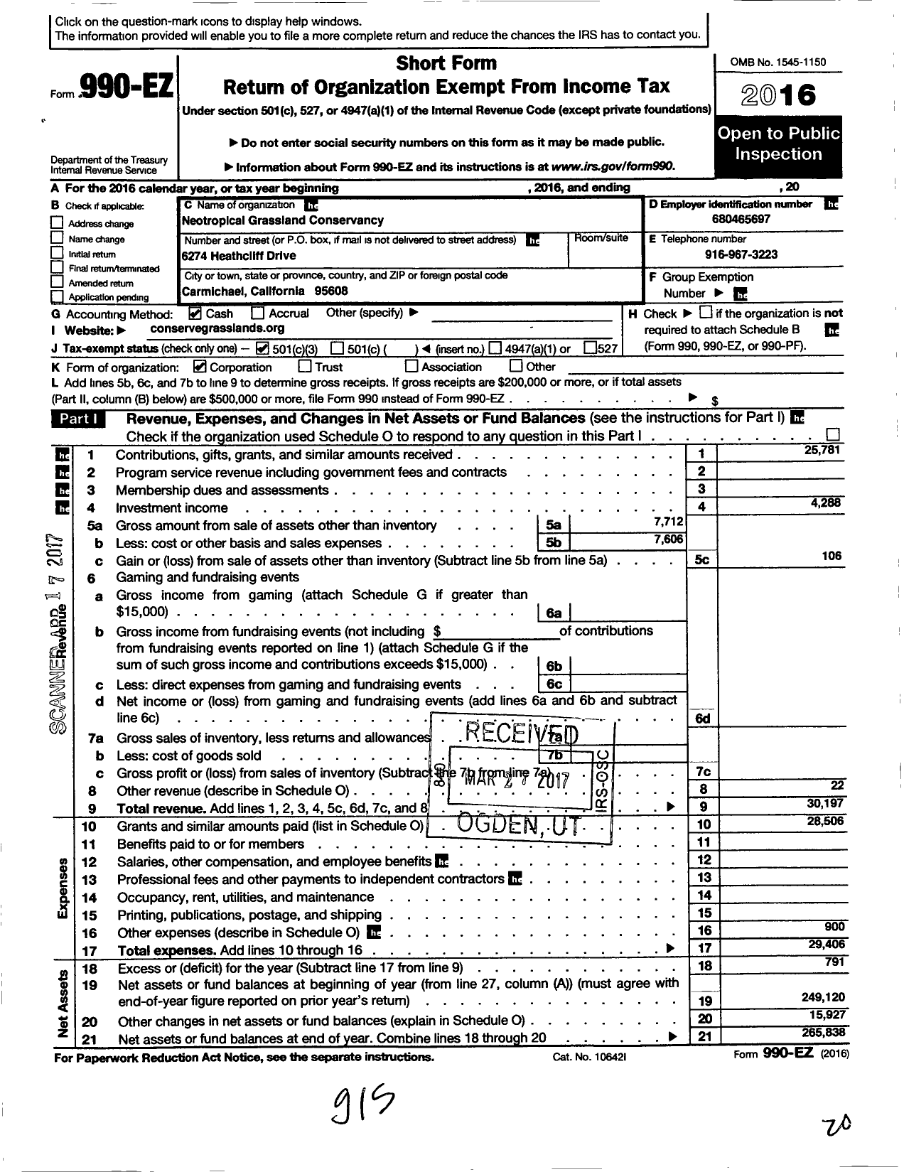 Image of first page of 2016 Form 990EZ for Neotropical Grassland Conservancy