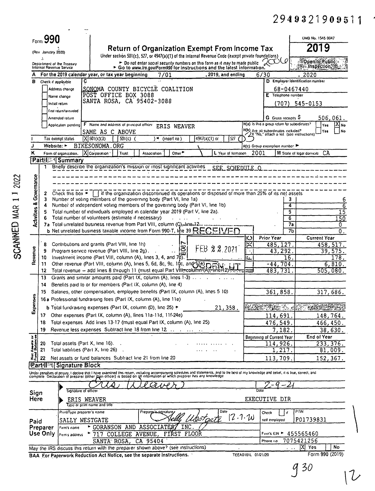 Image of first page of 2019 Form 990 for Sonoma County Bicycle Coalition