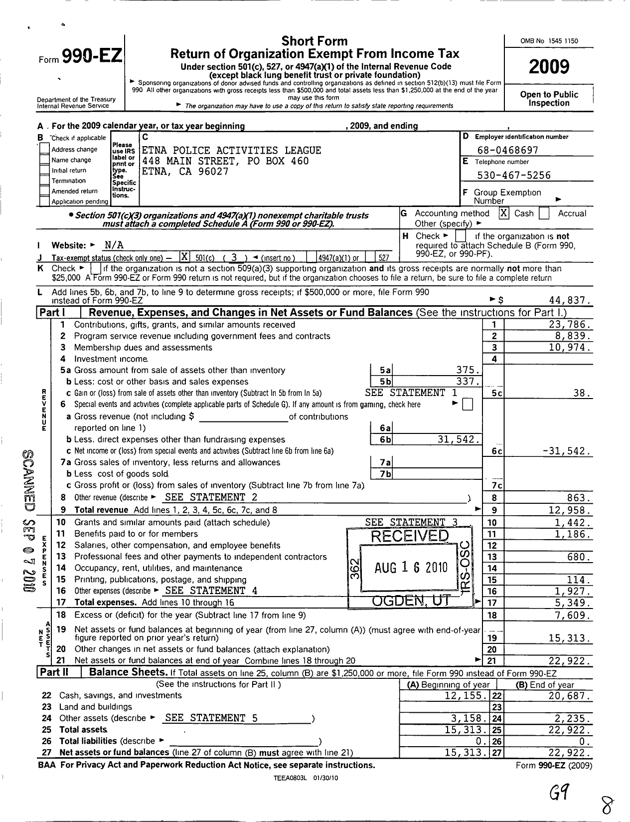 Image of first page of 2009 Form 990EZ for Etna Police Activities League