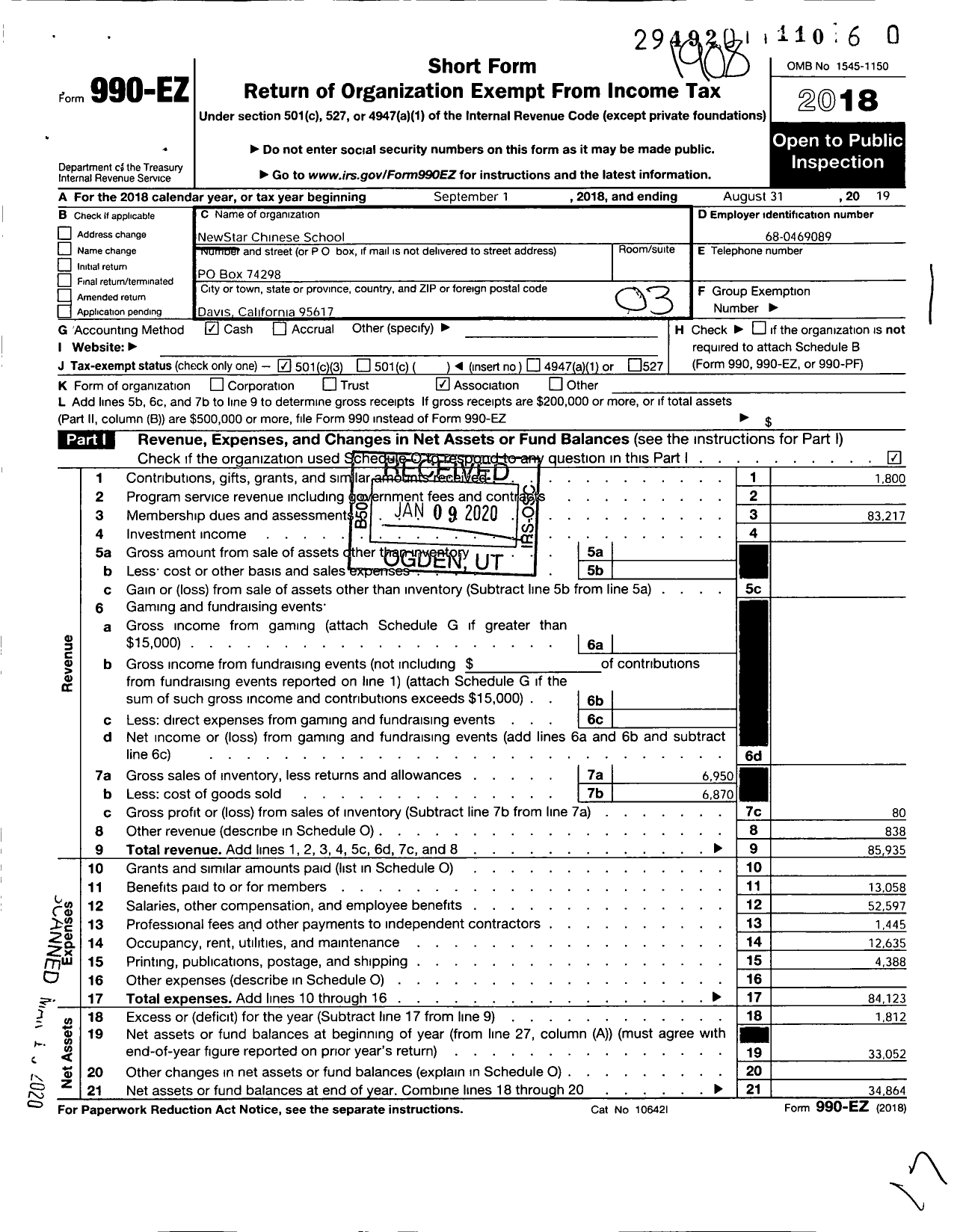 Image of first page of 2018 Form 990EZ for Newstar Chinese School