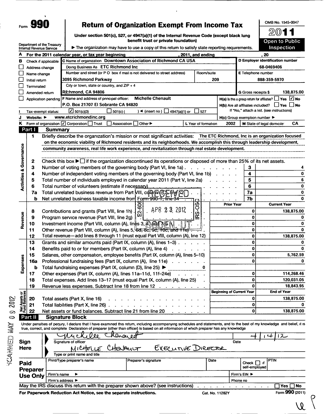 Image of first page of 2011 Form 990 for Downtown Association of Richmond Ca USA