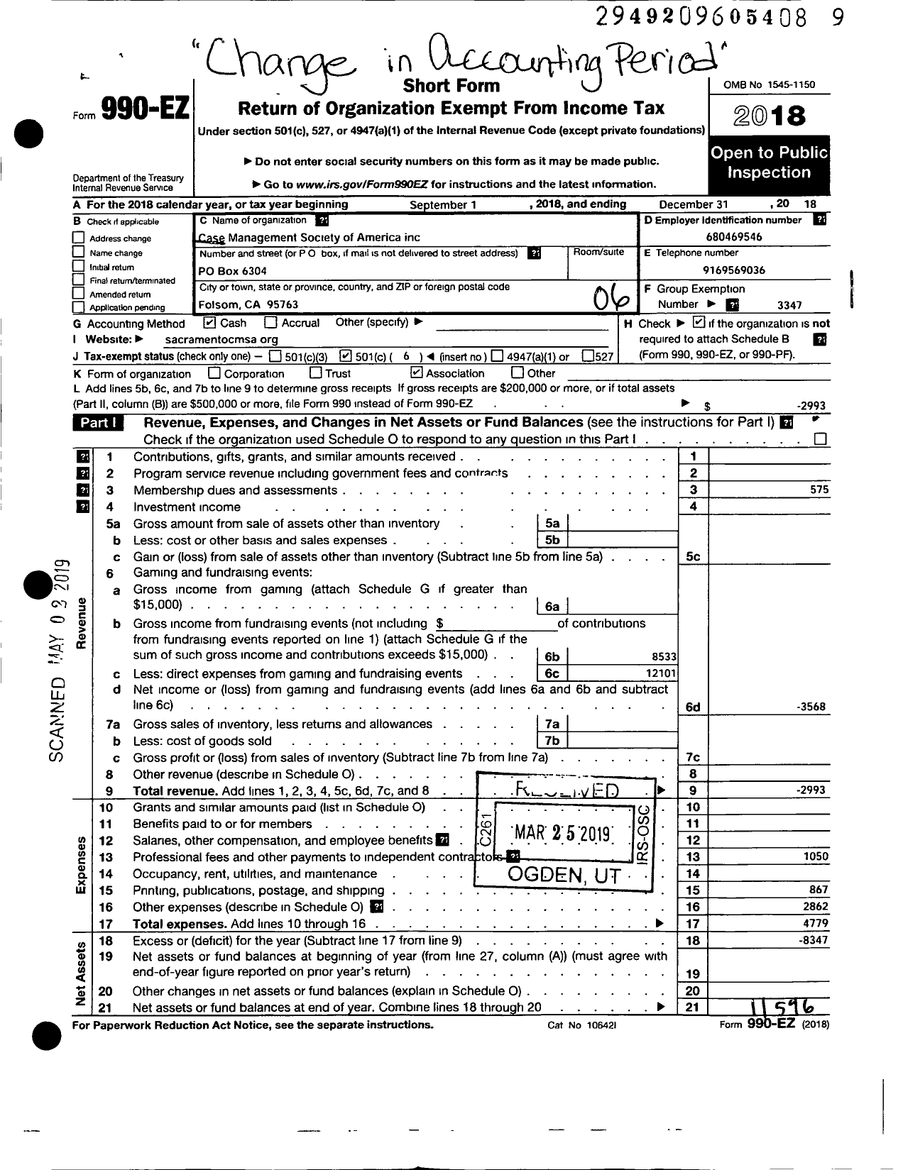 Image of first page of 2018 Form 990EO for Case Management Society of America / Sacramento Chapter of Cmsa