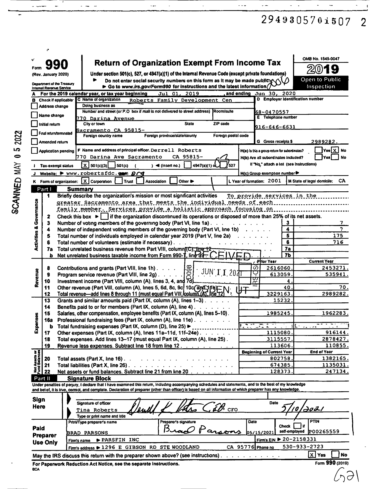 Image of first page of 2019 Form 990 for Roberts Family Development Center
