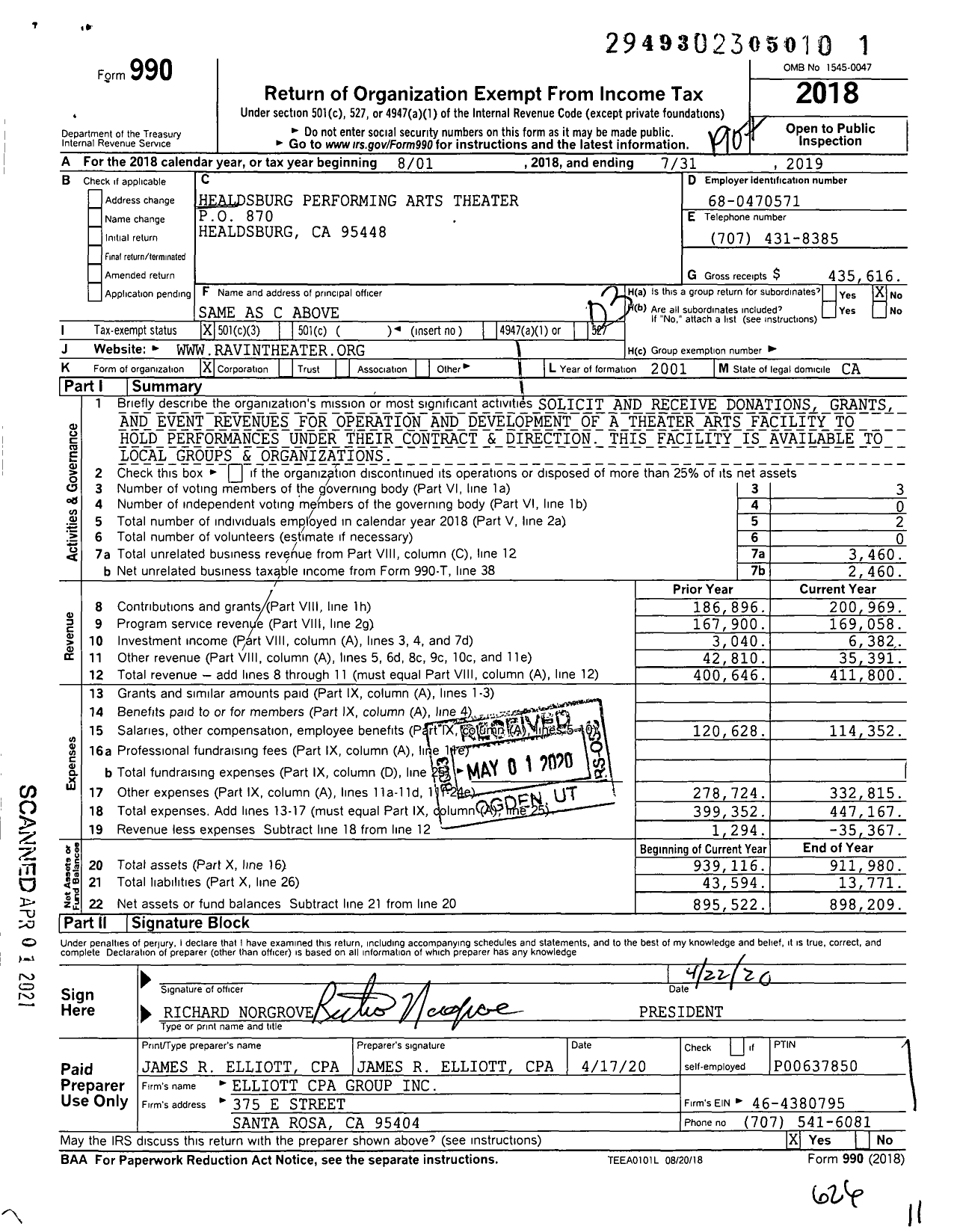 Image of first page of 2018 Form 990 for Healdsburg Performing Arts Theater