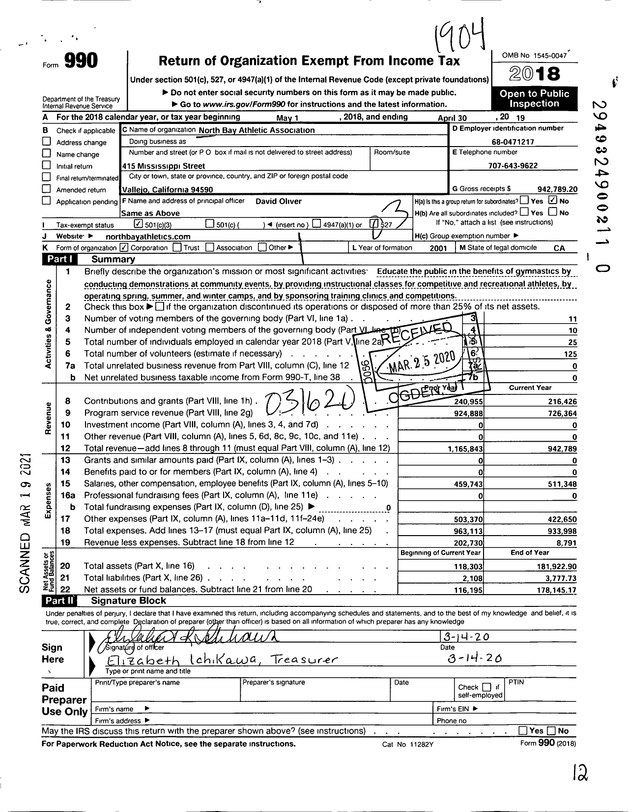 Image of first page of 2018 Form 990 for North Bay Athletic Association Incorporated