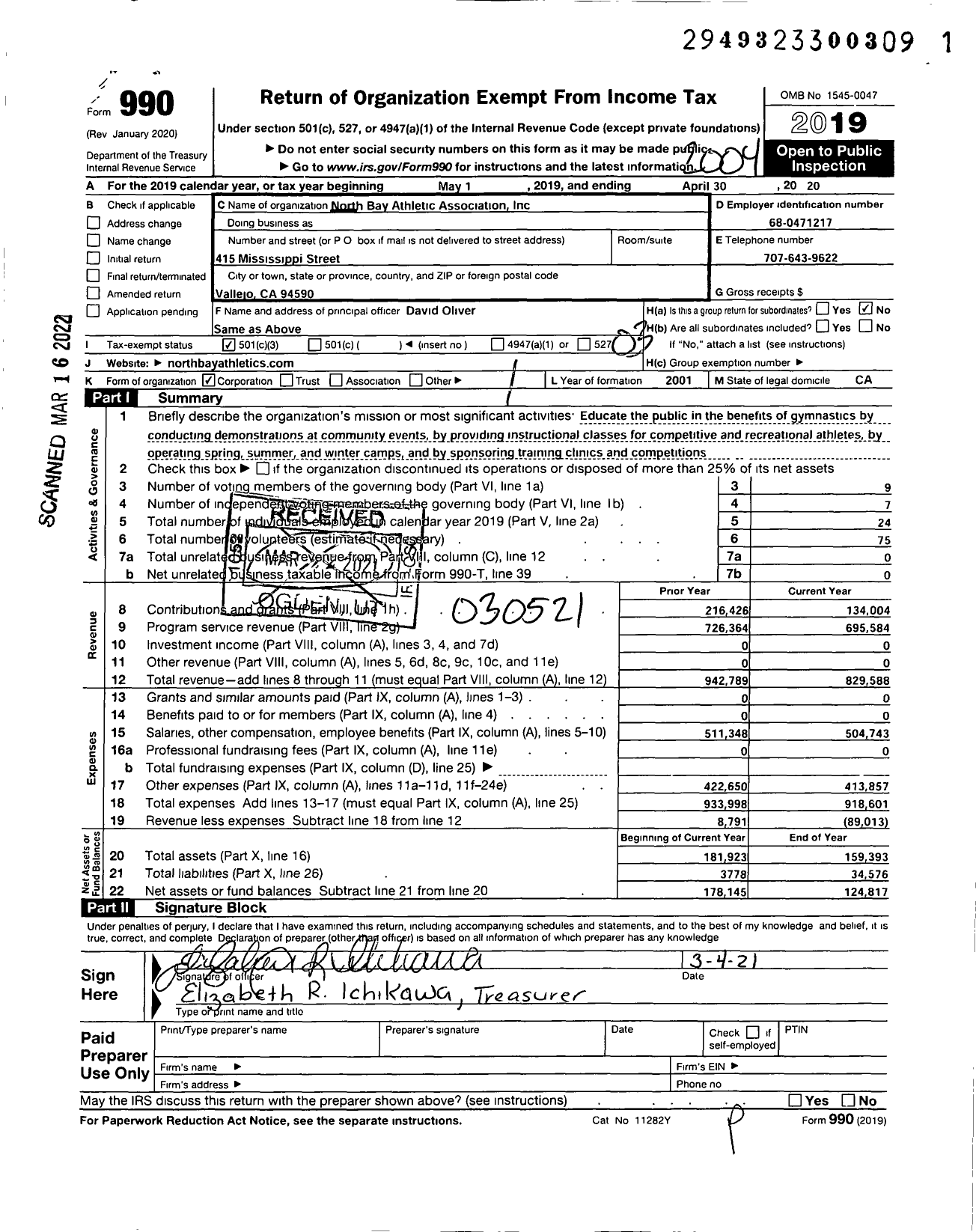Image of first page of 2019 Form 990 for North Bay Athletic Association Incorporated