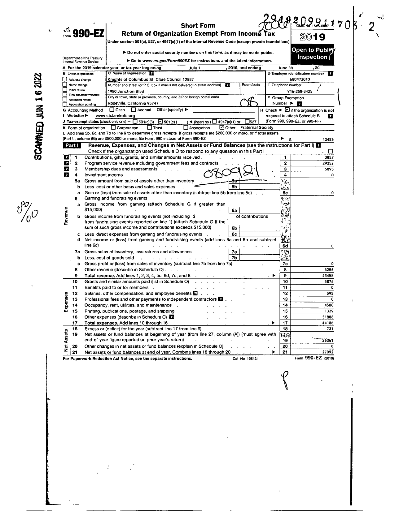 Image of first page of 2019 Form 990EO for Knights of Columbus - 12887 St Clare Council