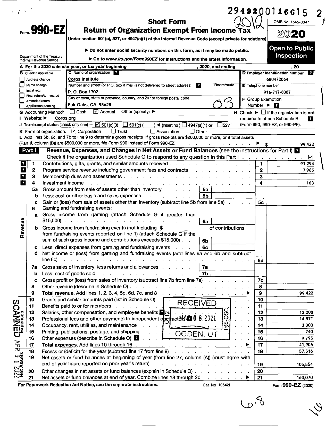 Image of first page of 2020 Form 990EZ for Coros Institute