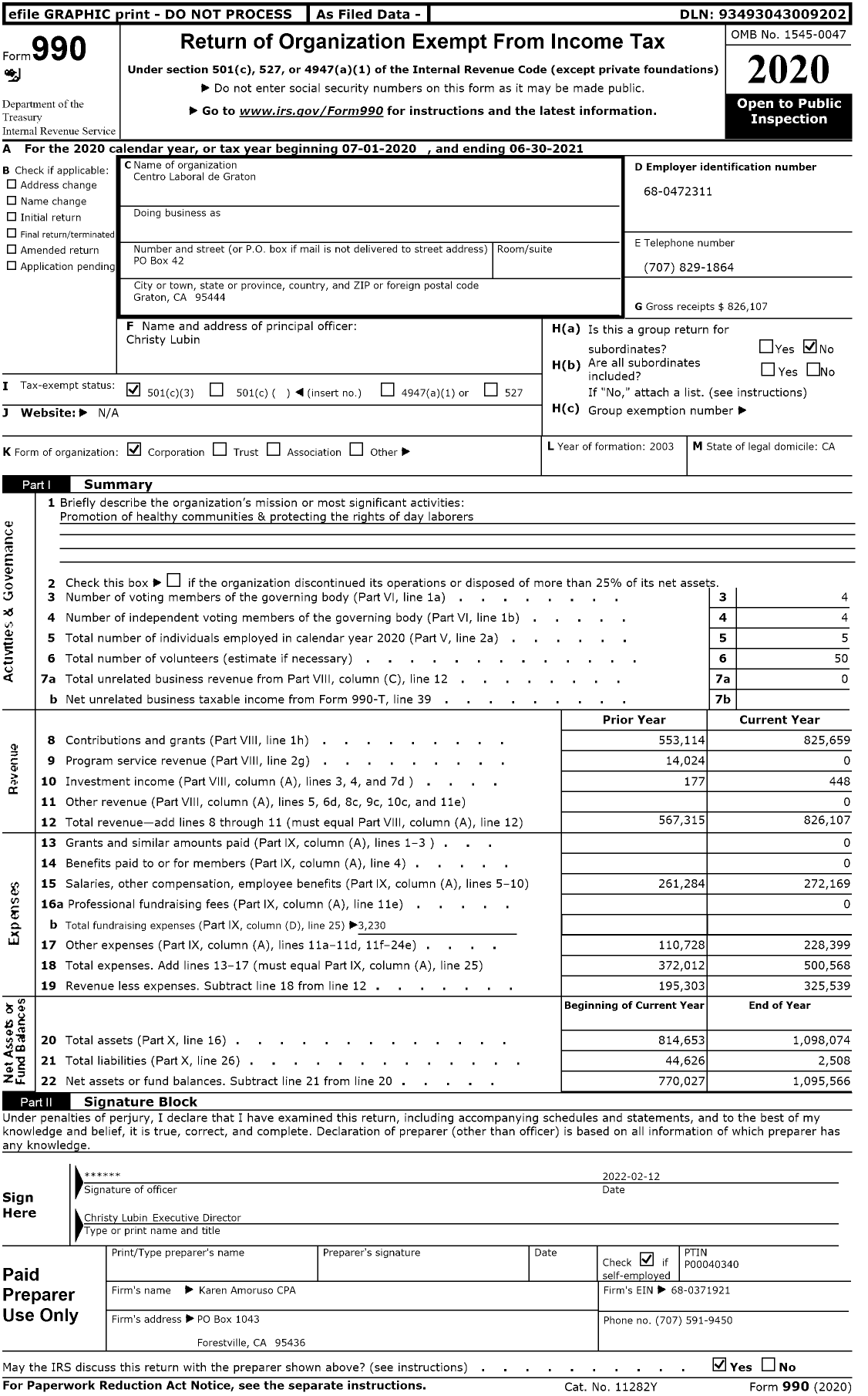 Image of first page of 2020 Form 990 for Centro Laboral de Graton