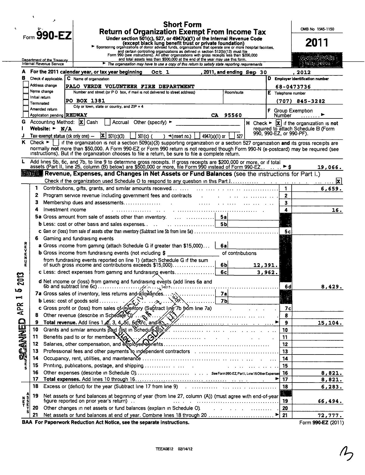 Image of first page of 2011 Form 990EZ for Palo Verde Volunteer Fire Department