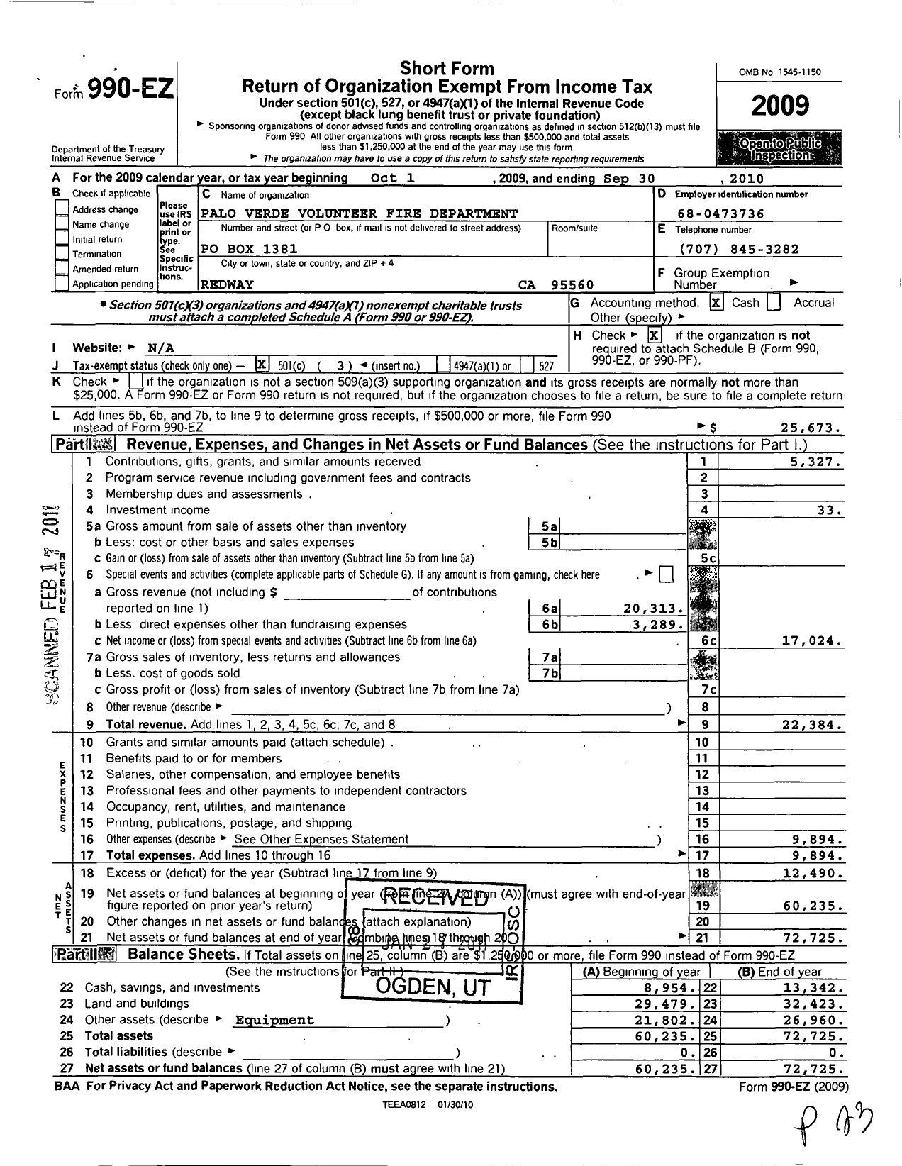 Image of first page of 2009 Form 990EZ for Palo Verde Volunteer Fire Department