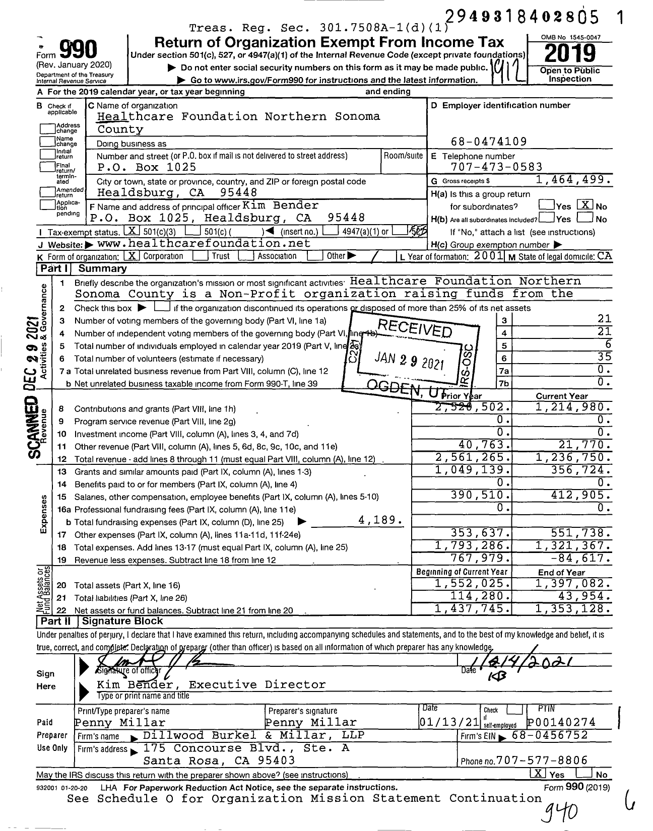 Image of first page of 2019 Form 990 for Healthcare Foundation Northern Sonoma County
