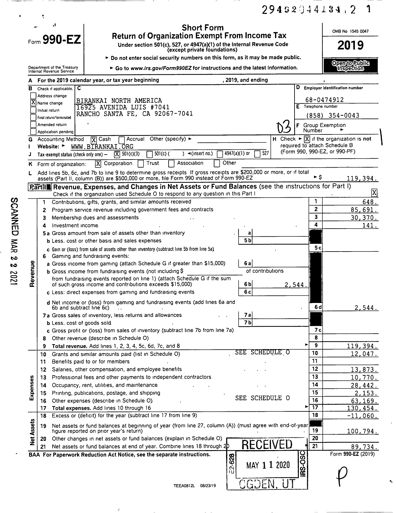 Image of first page of 2019 Form 990EZ for Birankai North America