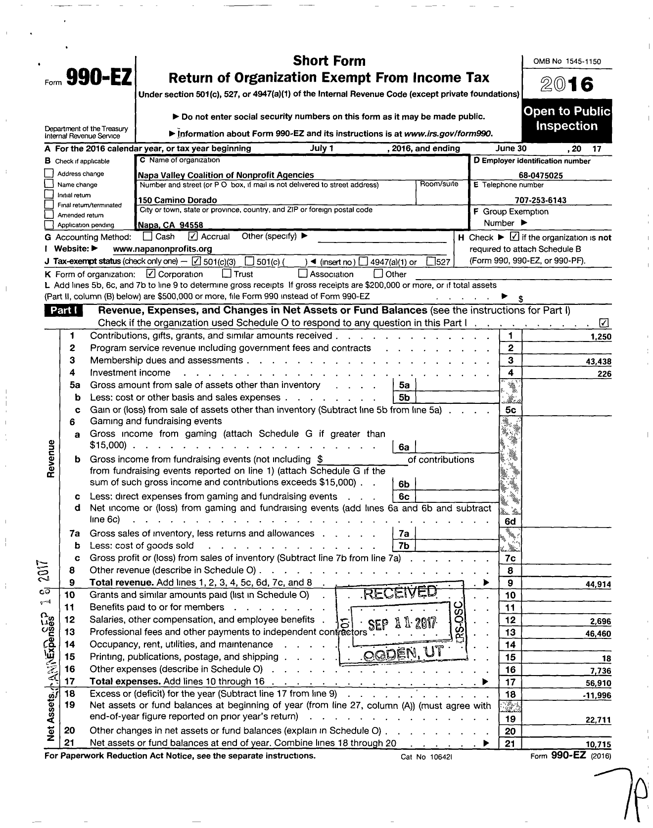 Image of first page of 2016 Form 990EZ for Napa Valley Coalition of Nonprofit Agencies