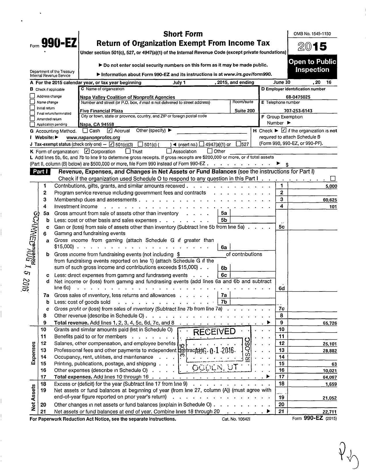 Image of first page of 2015 Form 990EZ for Napa Valley Coalition of Nonprofit Agencies