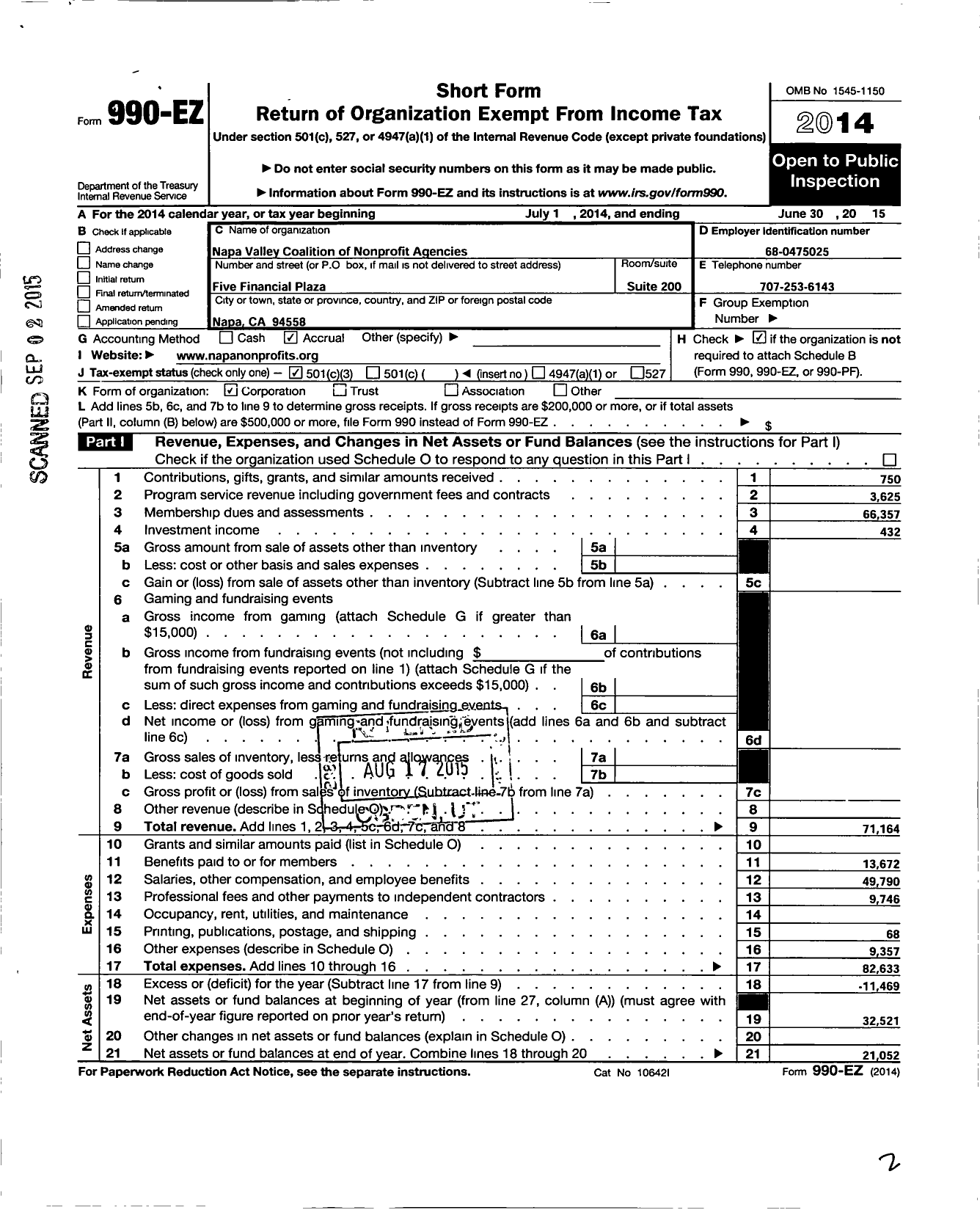 Image of first page of 2014 Form 990EZ for Napa Valley Coalition of Nonprofit Agencies