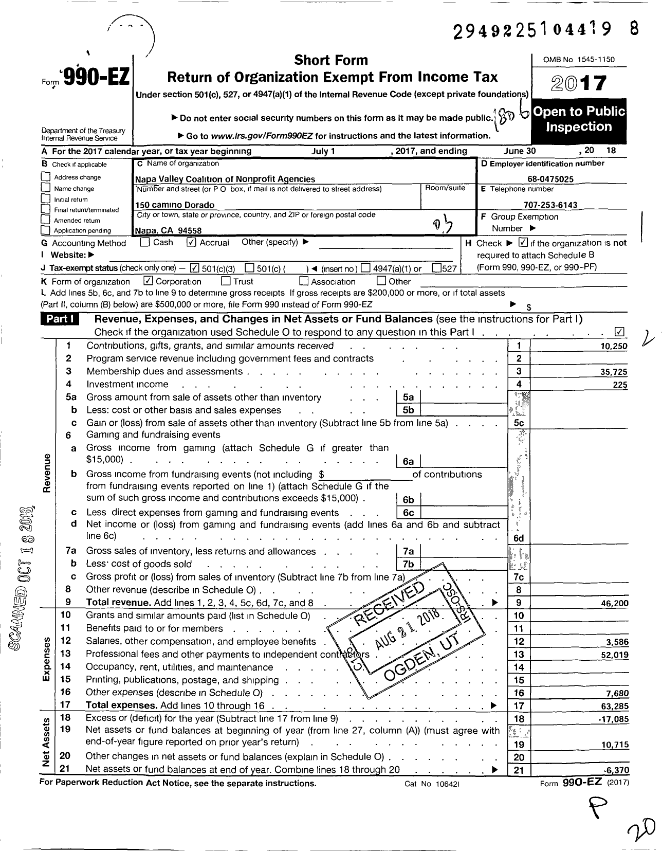 Image of first page of 2017 Form 990EZ for Napa Valley Coalition of Nonprofit Agencies