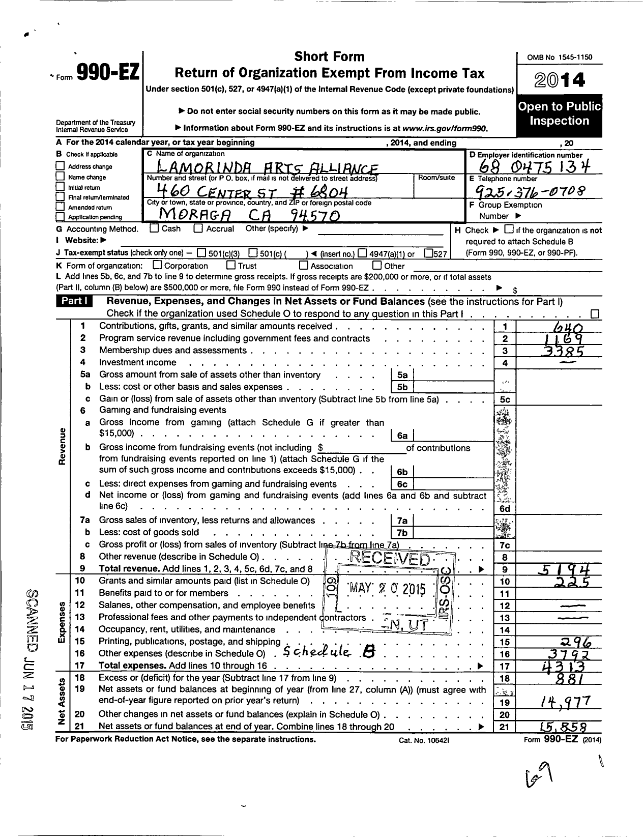 Image of first page of 2014 Form 990EO for Lamorinda Arts Alliance