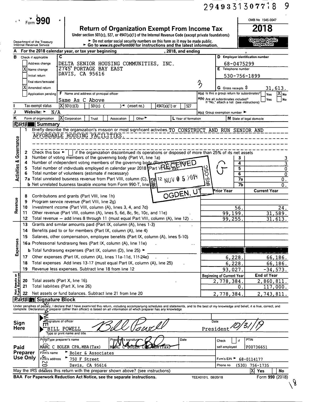 Image of first page of 2018 Form 990 for Delta Senior Housing Communities