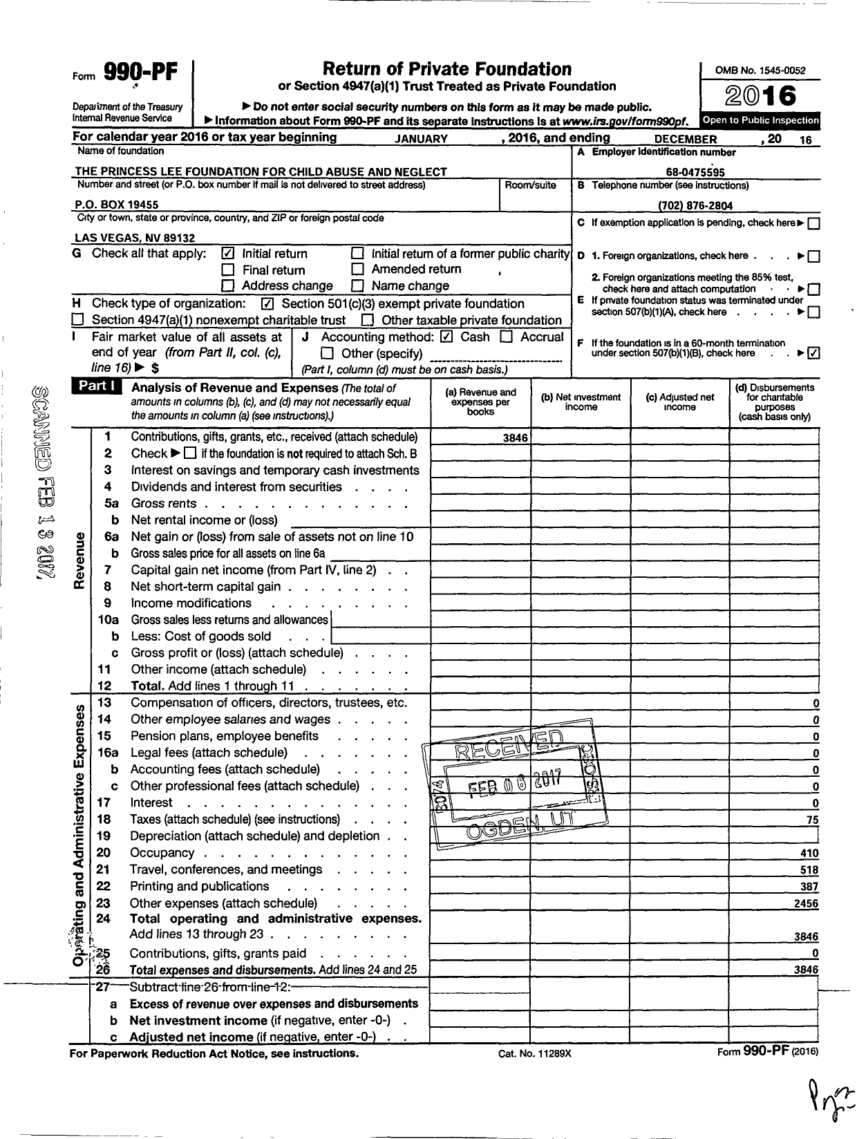 Image of first page of 2016 Form 990PF for Princess Lee Foundation for Child Abuse and Neglect