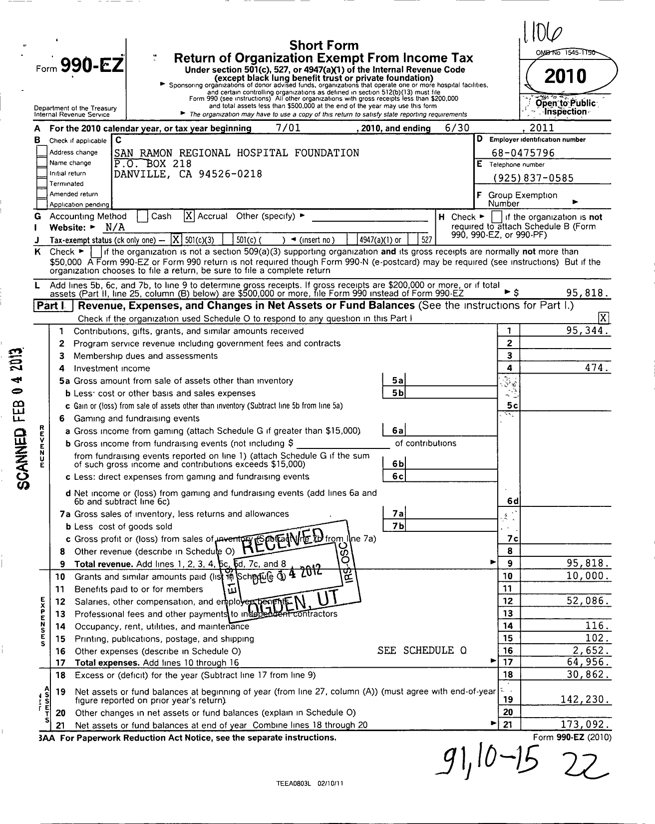 Image of first page of 2010 Form 990EZ for San Ramon Regional Hospital Foundation